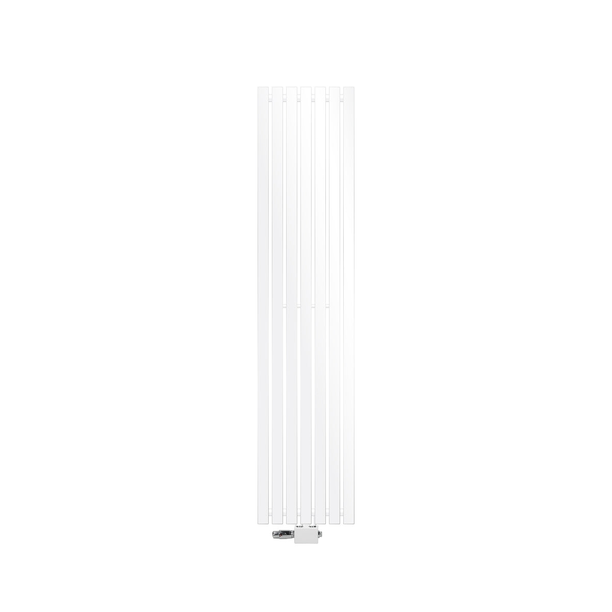 Radiatore verticale in bianco con lamelle verticali e attacco universale.