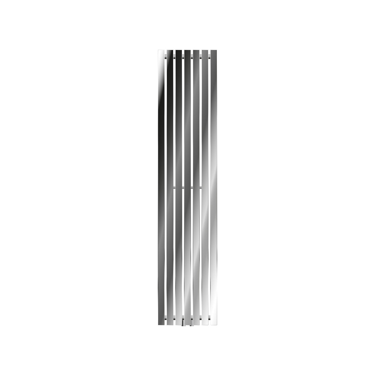 Tall, narrow radiator in chrome with vertical fins.