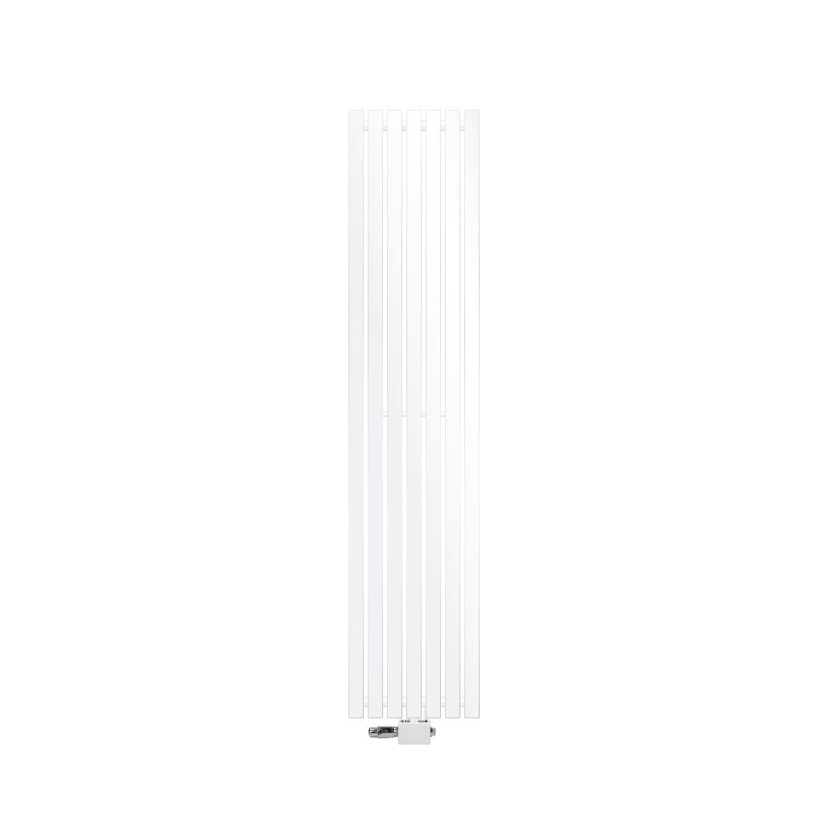 Radiatore alto e stretto in bianco con lamelle verticali.