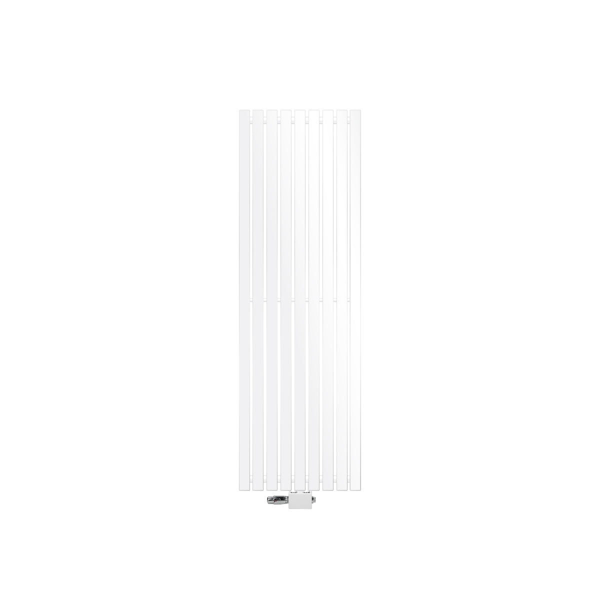 Tall, narrow radiator in white with vertical fins.