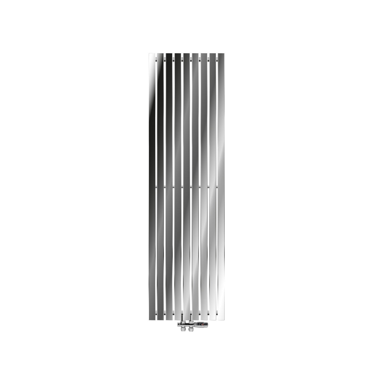 Tall, narrow chrome radiator with vertical fins.