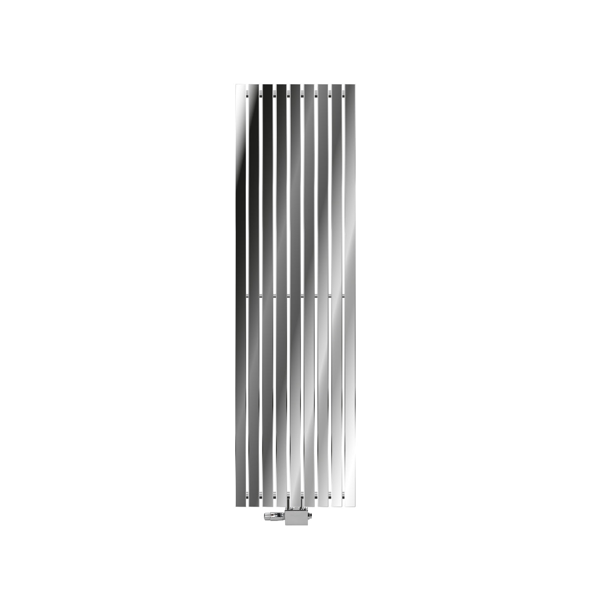 Tall, narrow chrome radiator with vertical fins.