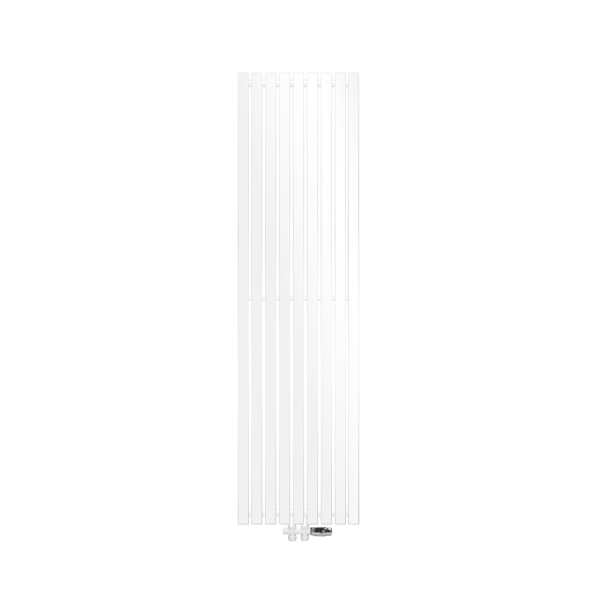 Weißer Heizkörper an einer Wand, auf einem weißen Boden.