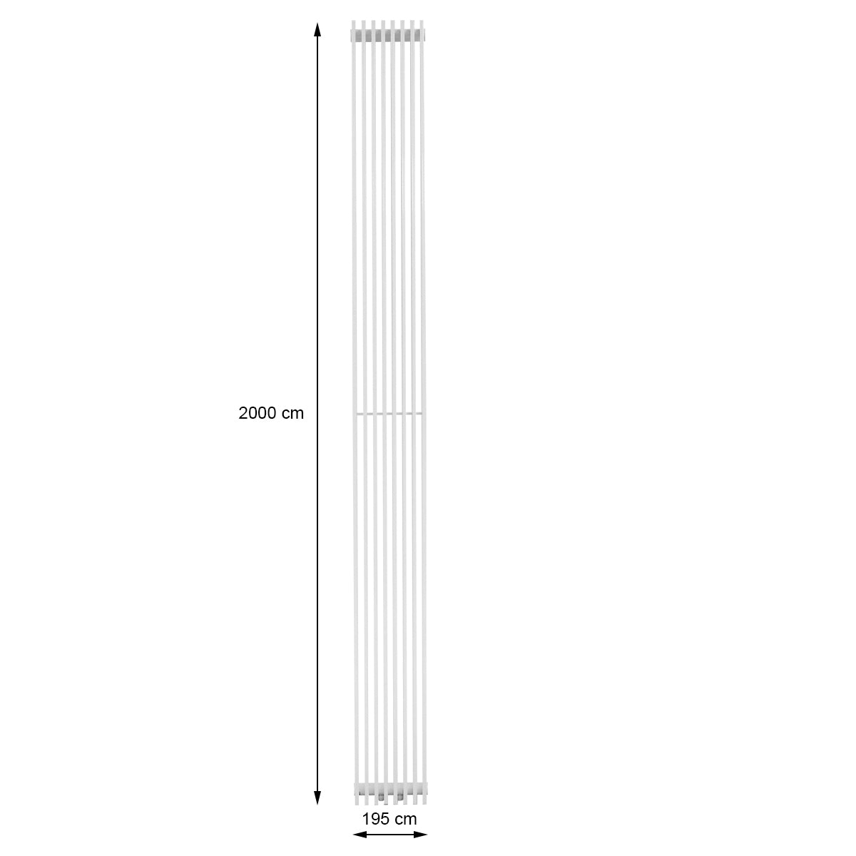 Technische Zeichnung eines Heizkörpers mit Maßen 2000 cm x 195 cm.