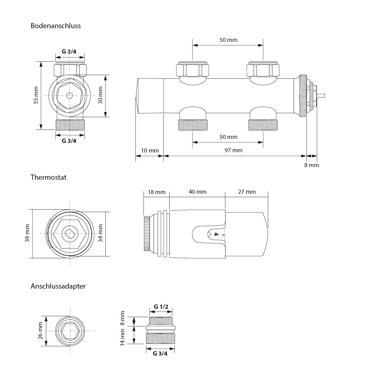 Technische Zeichnung eines Thermostats mit Bodenanschluss.