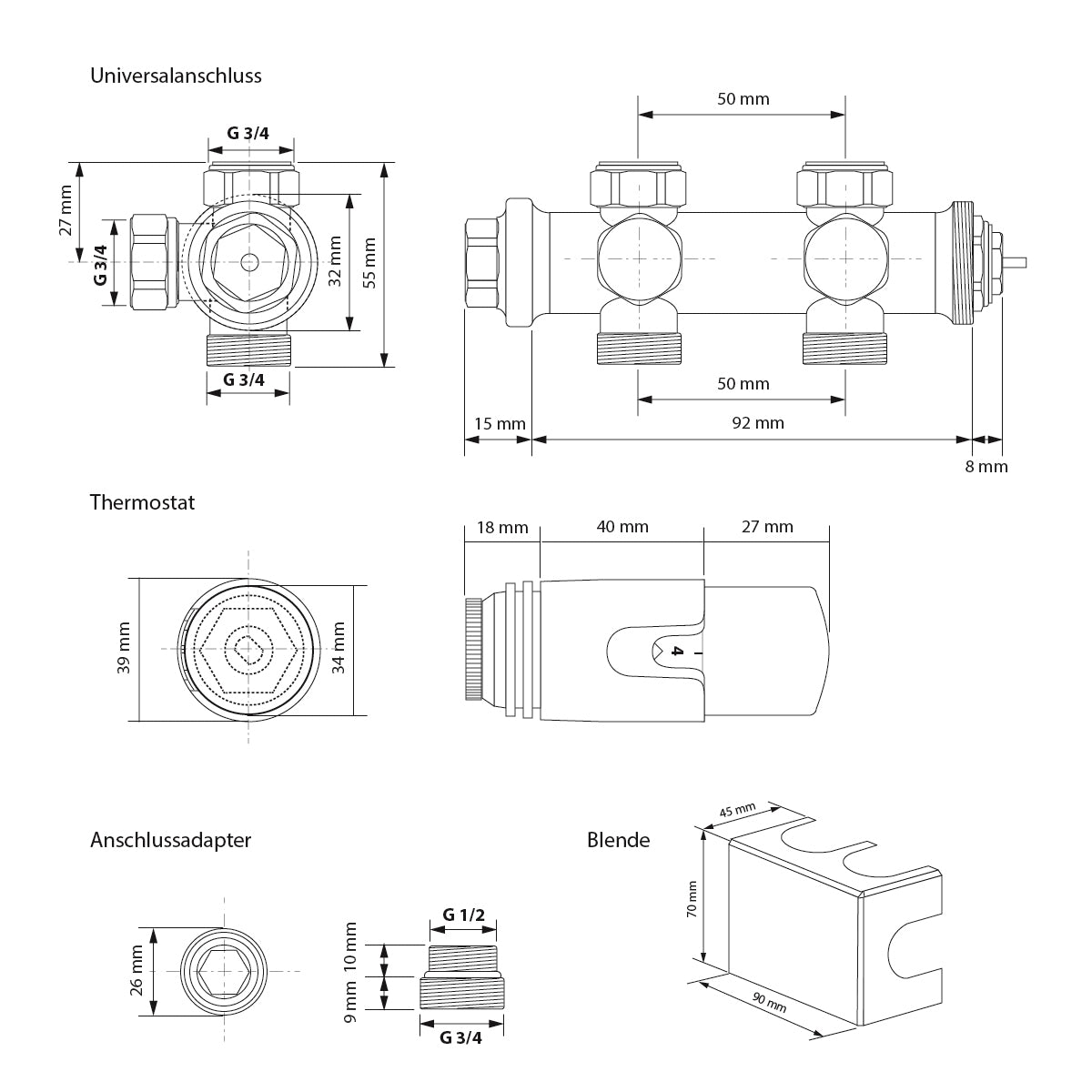 Technische Zeichnung eines Thermostats mit Maßangaben.