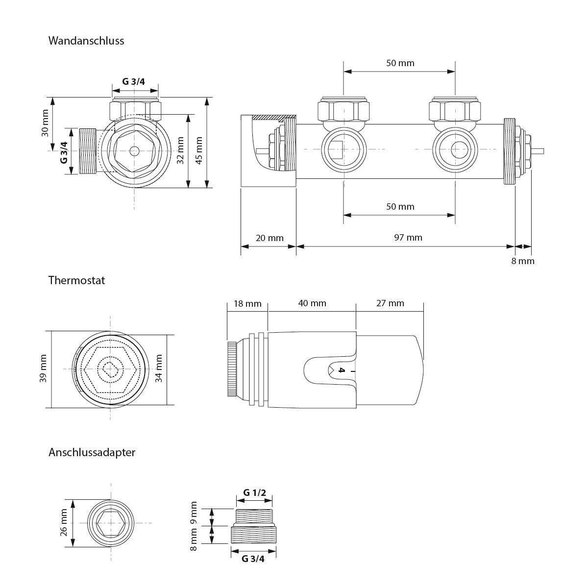 Technische Zeichnung eines Thermostats und Wandanschlusses.
