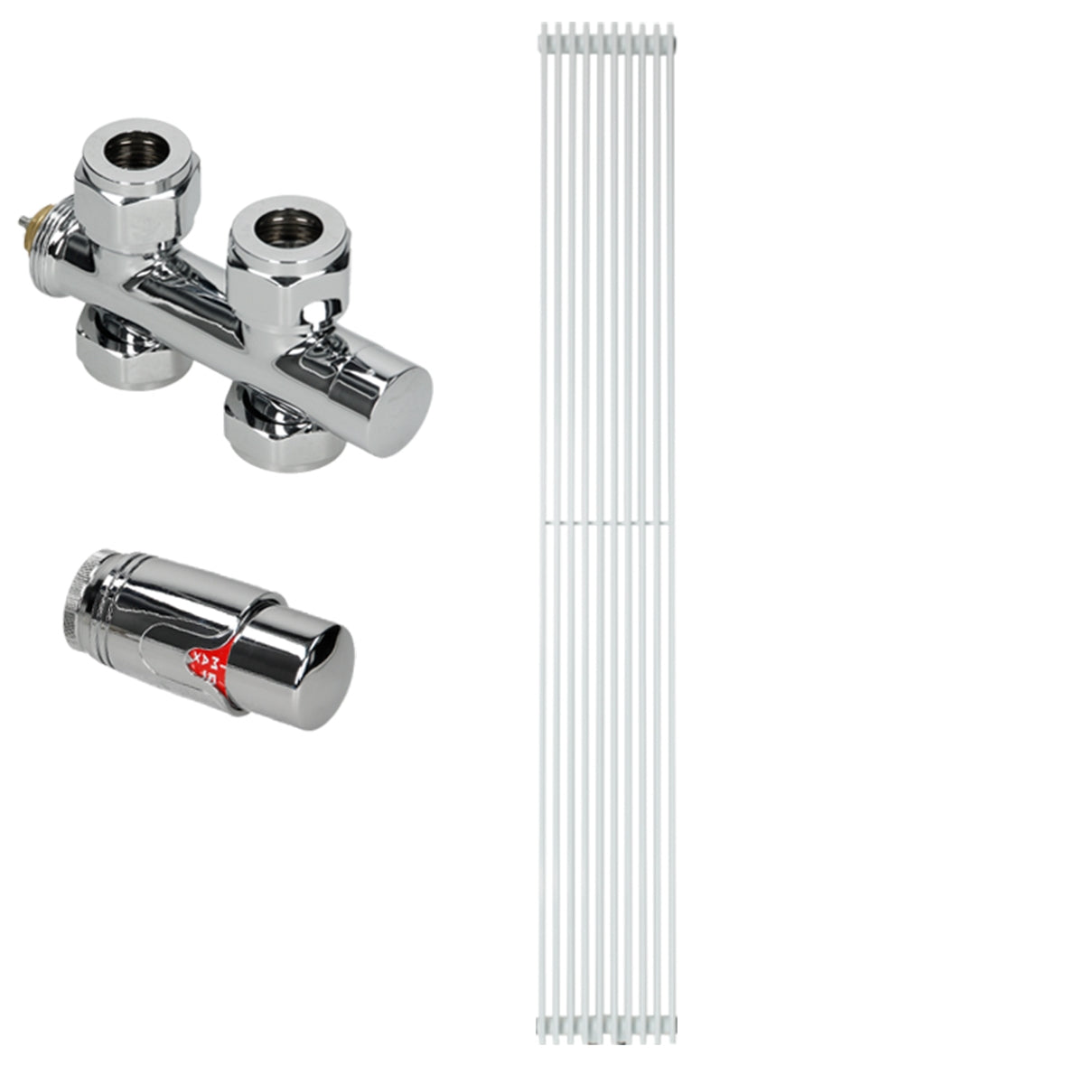 Chrome connector for radiators with pipes.