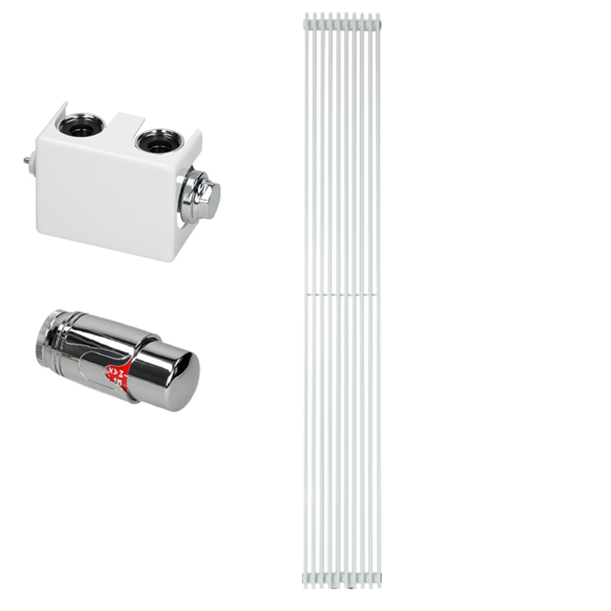 Een wit aansluitstuk en een radiator in verschillende aanzichten.