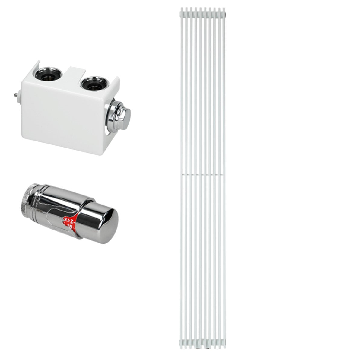 A white connection fitting and a radiator shown from different angles.