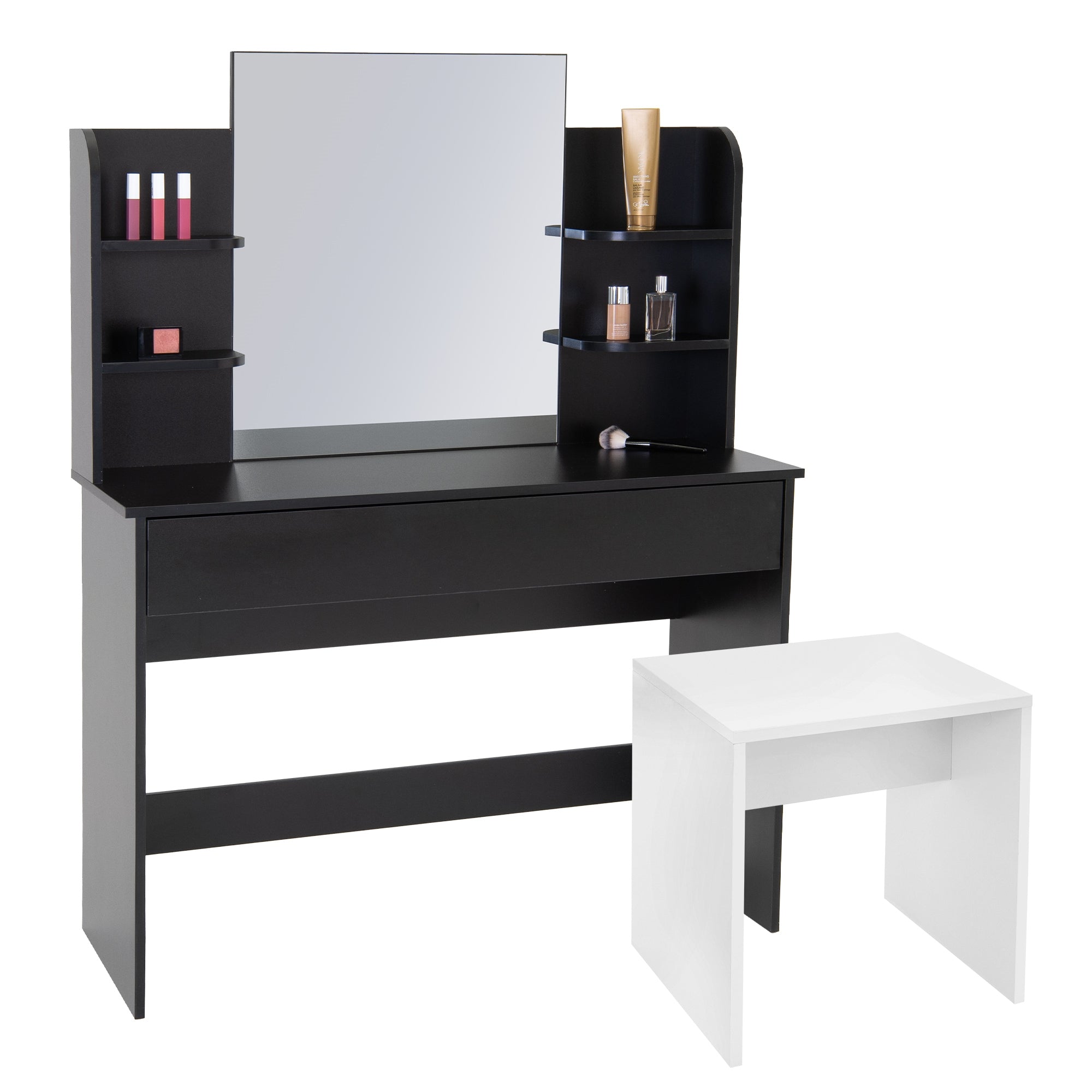 Schwarzer Schminktisch mit Spiegel und Regalen, daneben ein weißer Hocker.