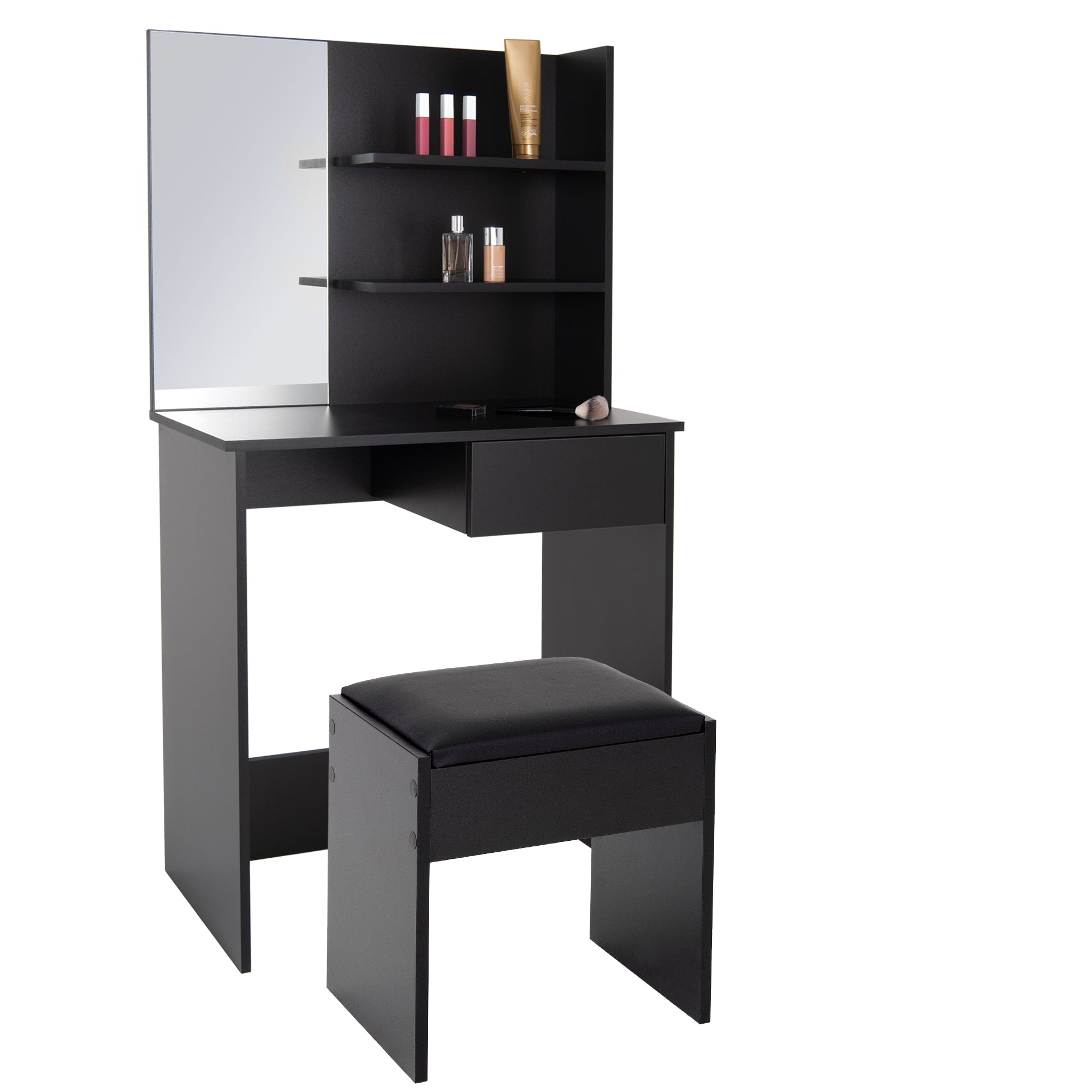Black makeup table with mirror and shelves, along with a stool.