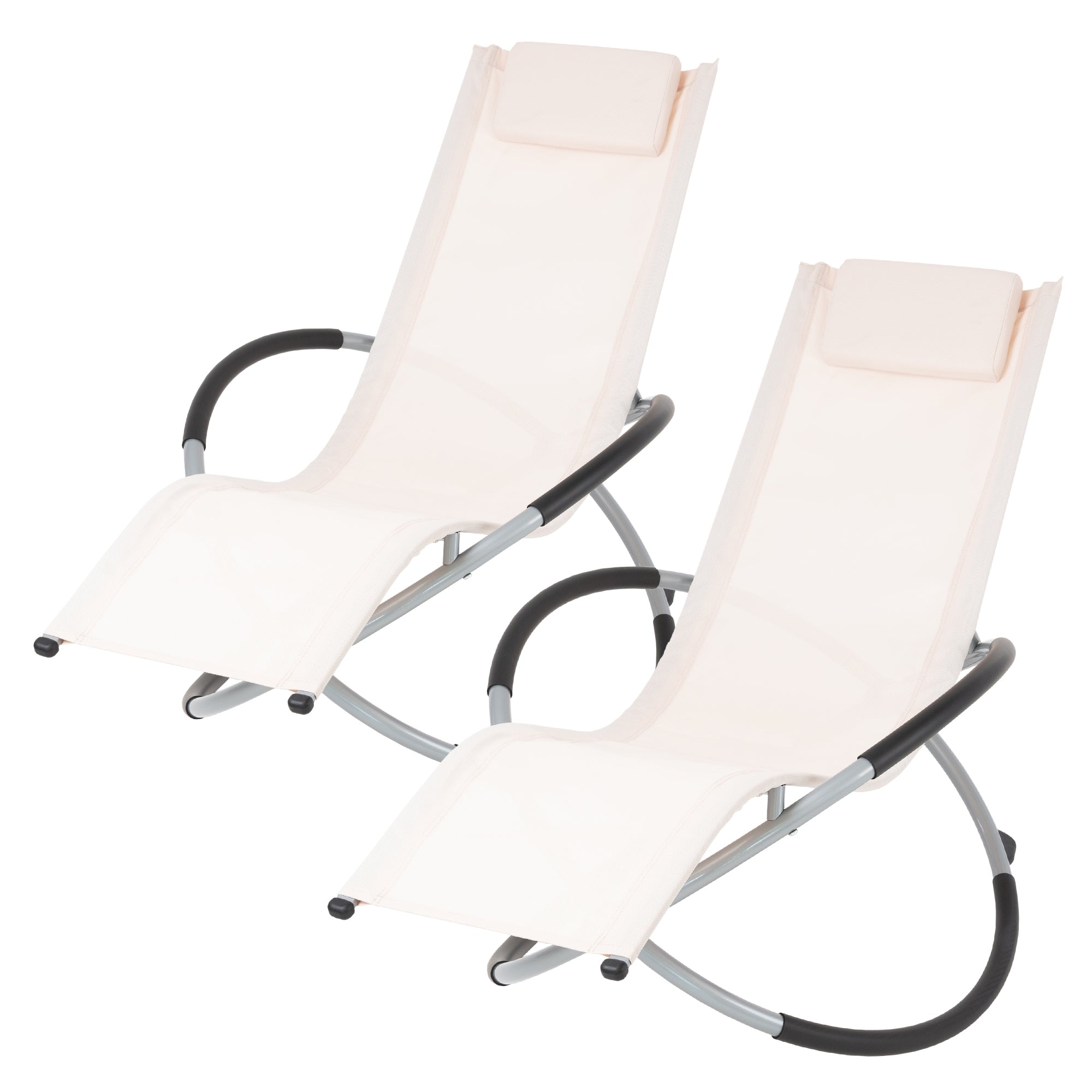 Zwei Liegestühle in Beige mit Kopfstützen und einem stabilen Gestell.