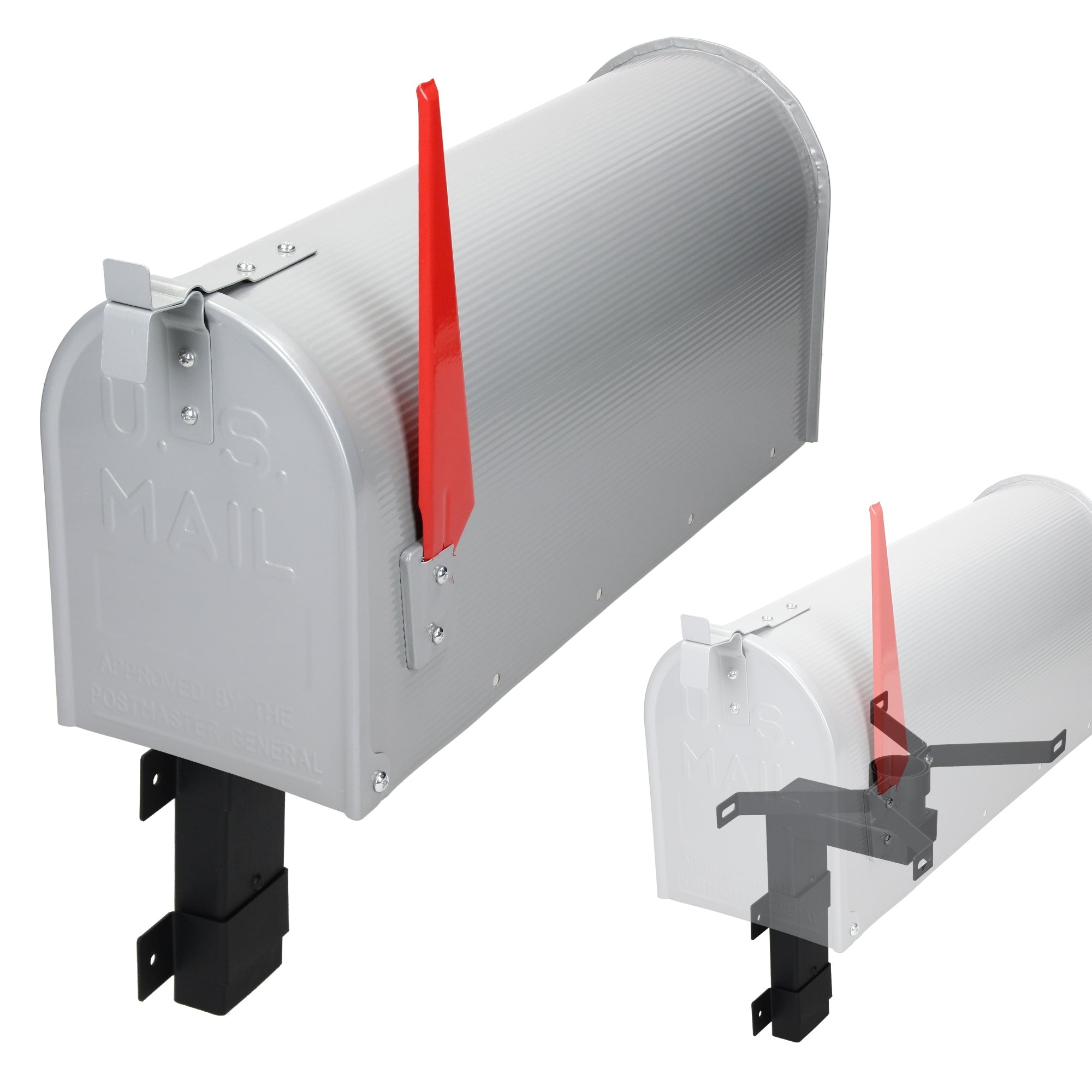 A silver mailbox with a red flag lever on a white background.
