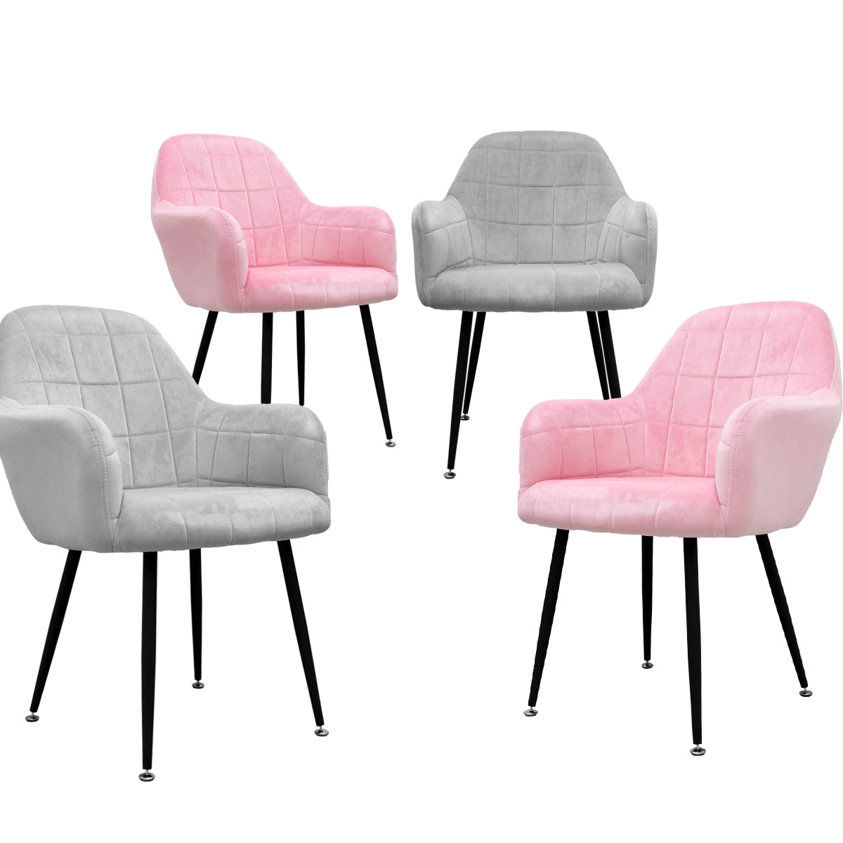 Zwei pinke und zwei graue Stühle mit schwarzen Beinen, in einem modernen Design.