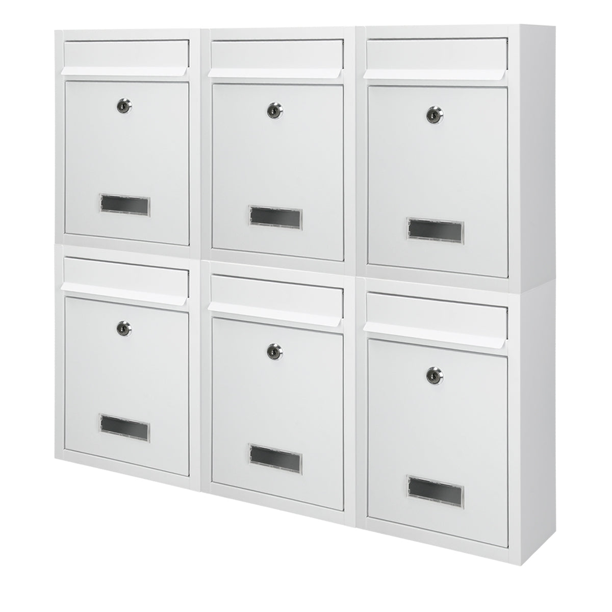 Six white mailboxes in a row, with locks and nameplates.