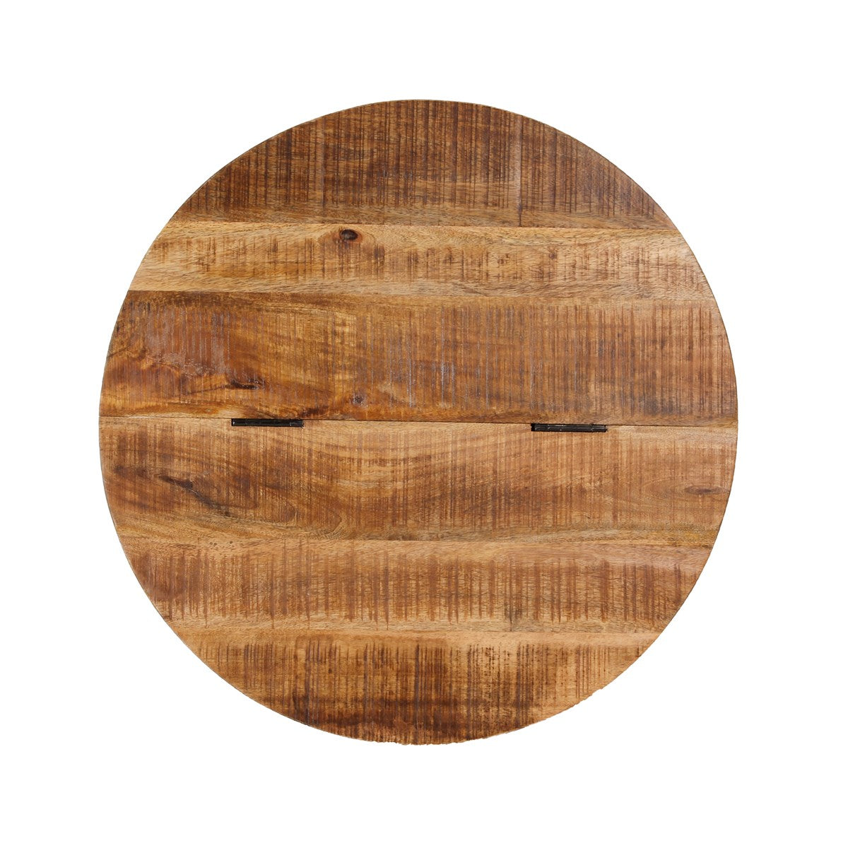 Round wooden table with visible wood grain on a white background.