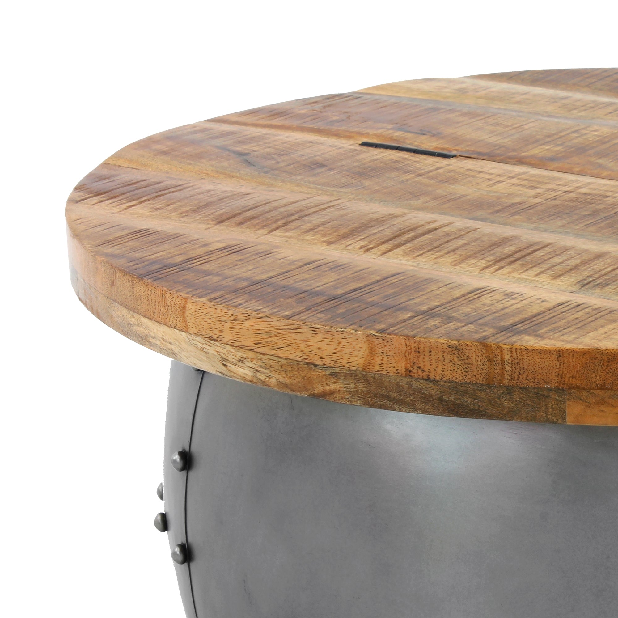 Round wooden tabletop with visible grain and metal base.
