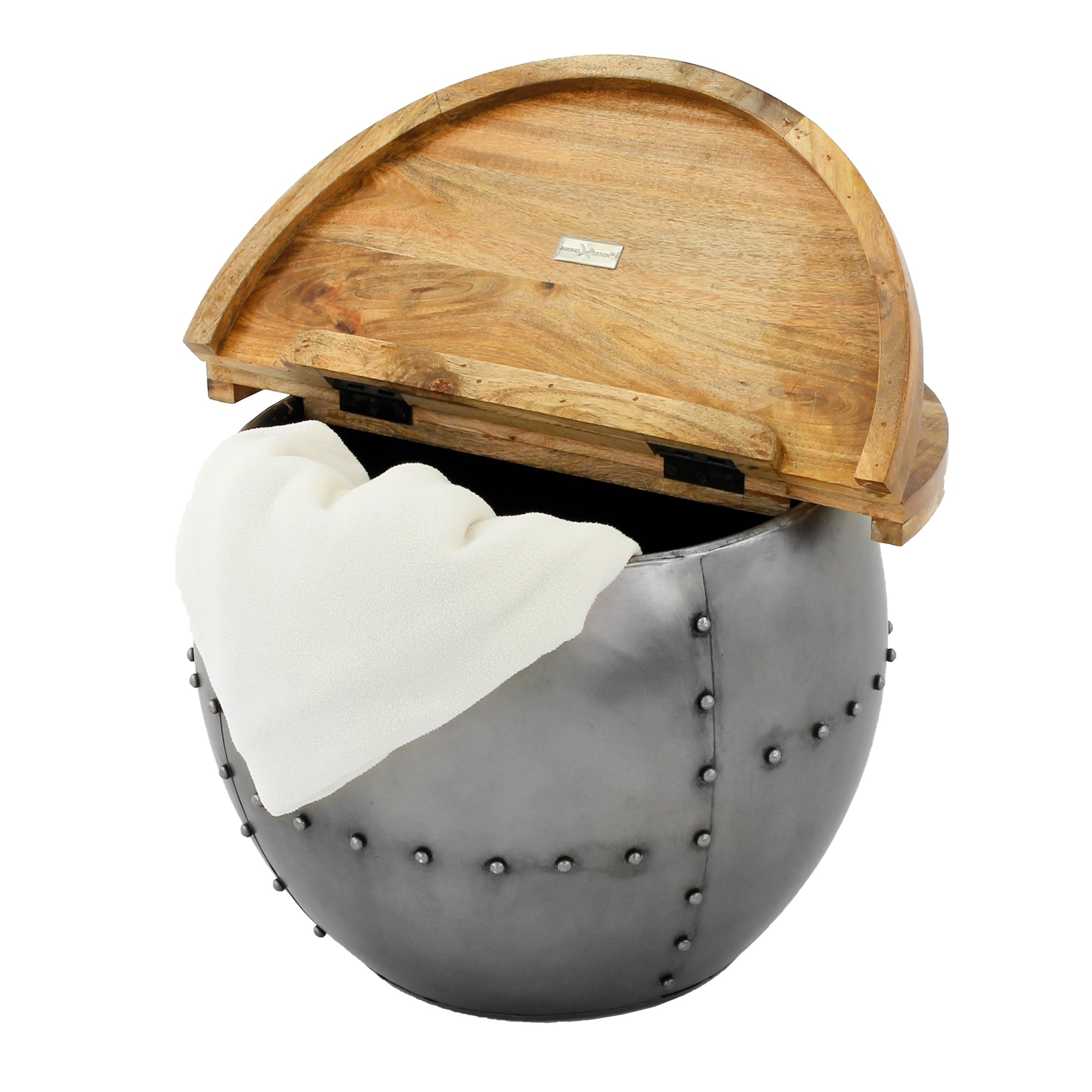 Round gray storage basket with wooden lid and white cloth inside.