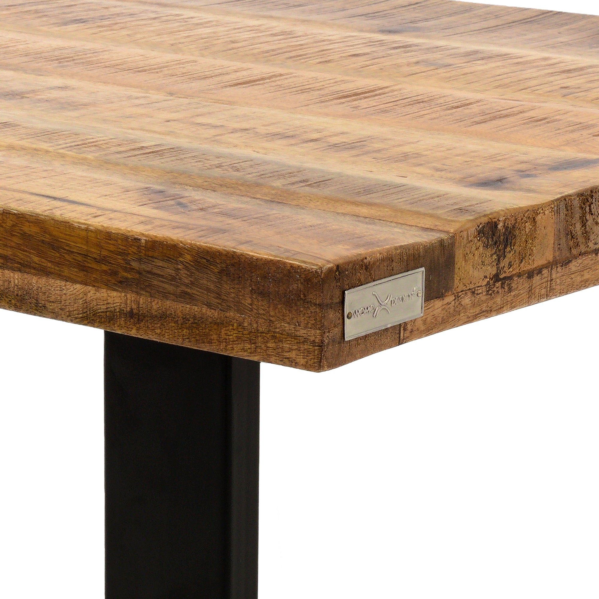Wooden tabletop, close-up view with brand logo.