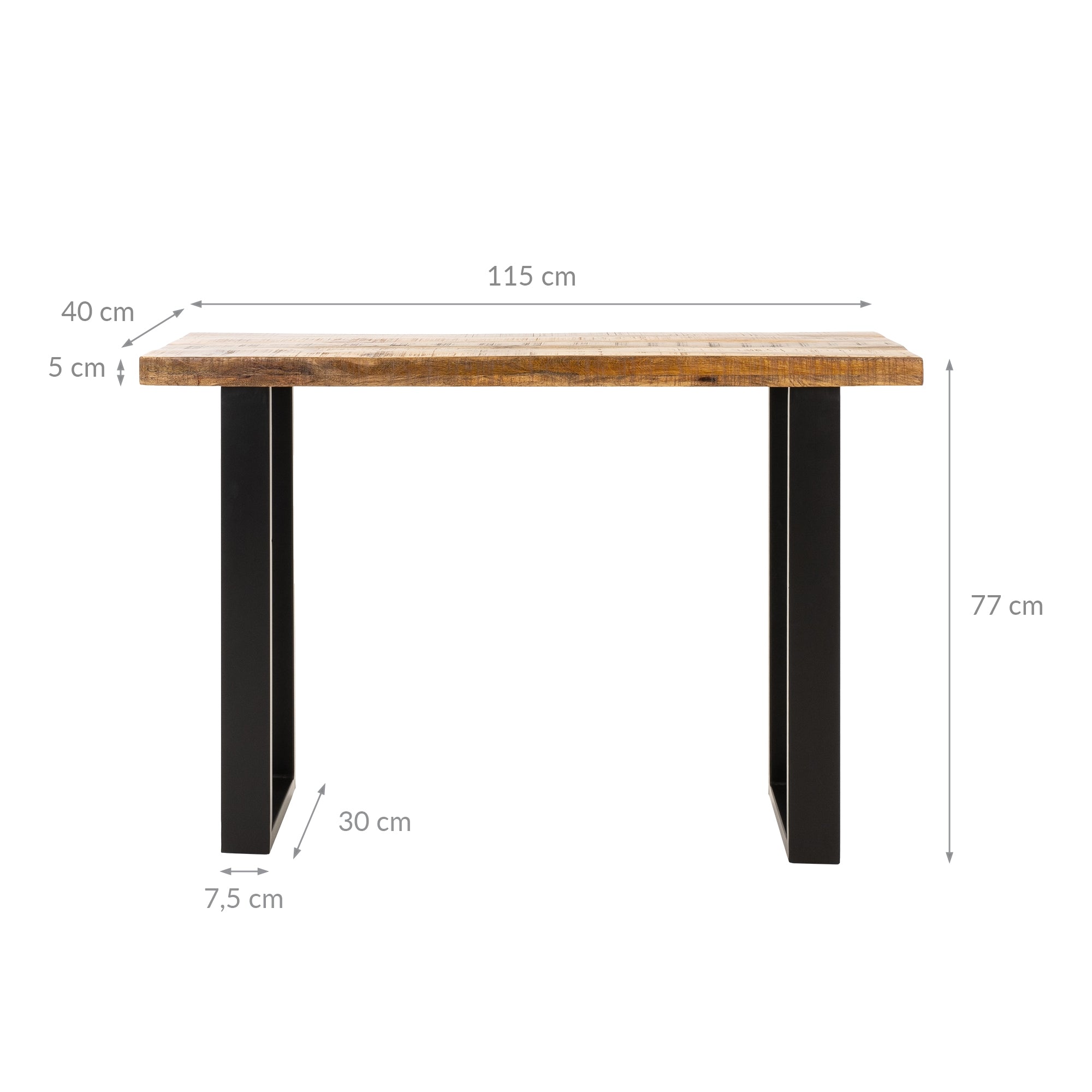 Maataanduiding van een rechthoekige tafel met houten blad en vier poten.