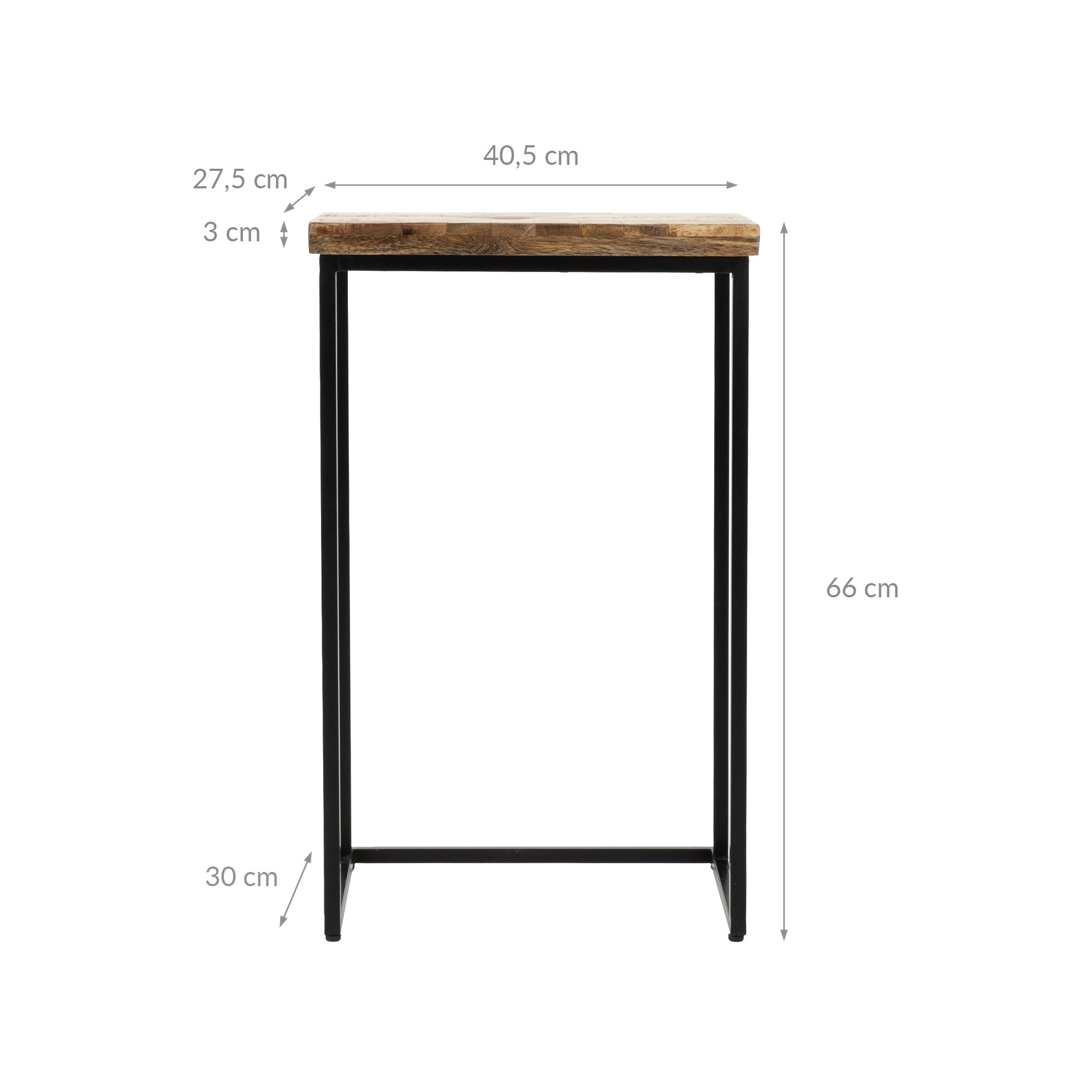 Tisch mit Holzplatte, Maße sind angegeben: 40,5 cm x 30 cm x 66 cm.