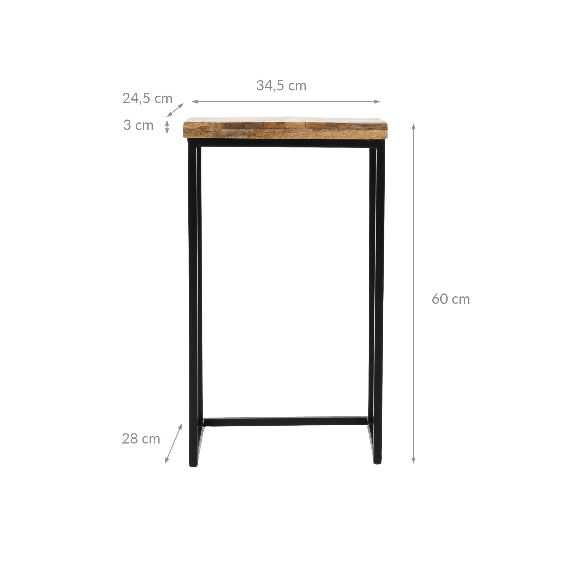 Hochgestellter Tisch mit einer Holzplatte und einem schwarzen Metallgestell.