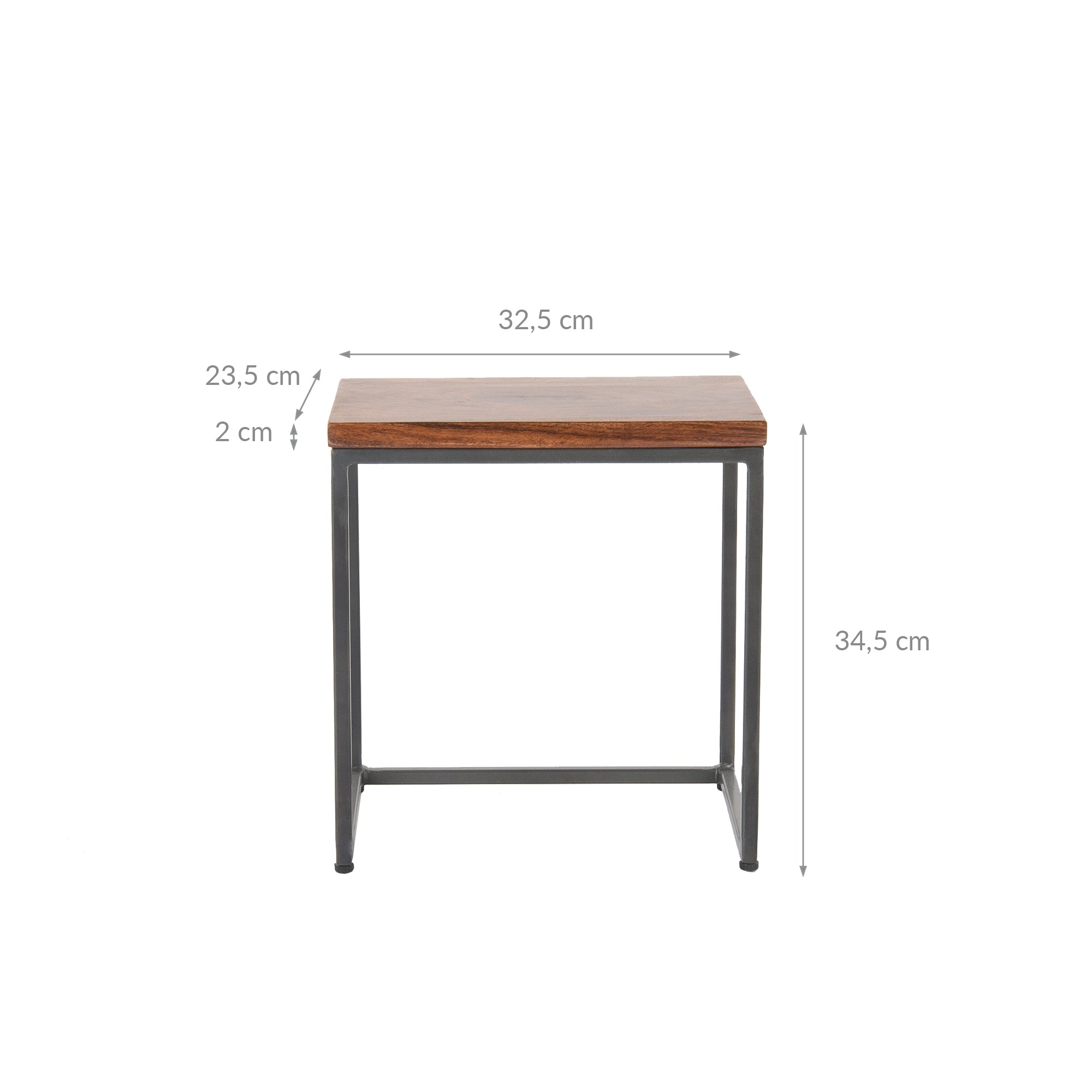 Small table with a wooden top and metal frame, dimensions provided.