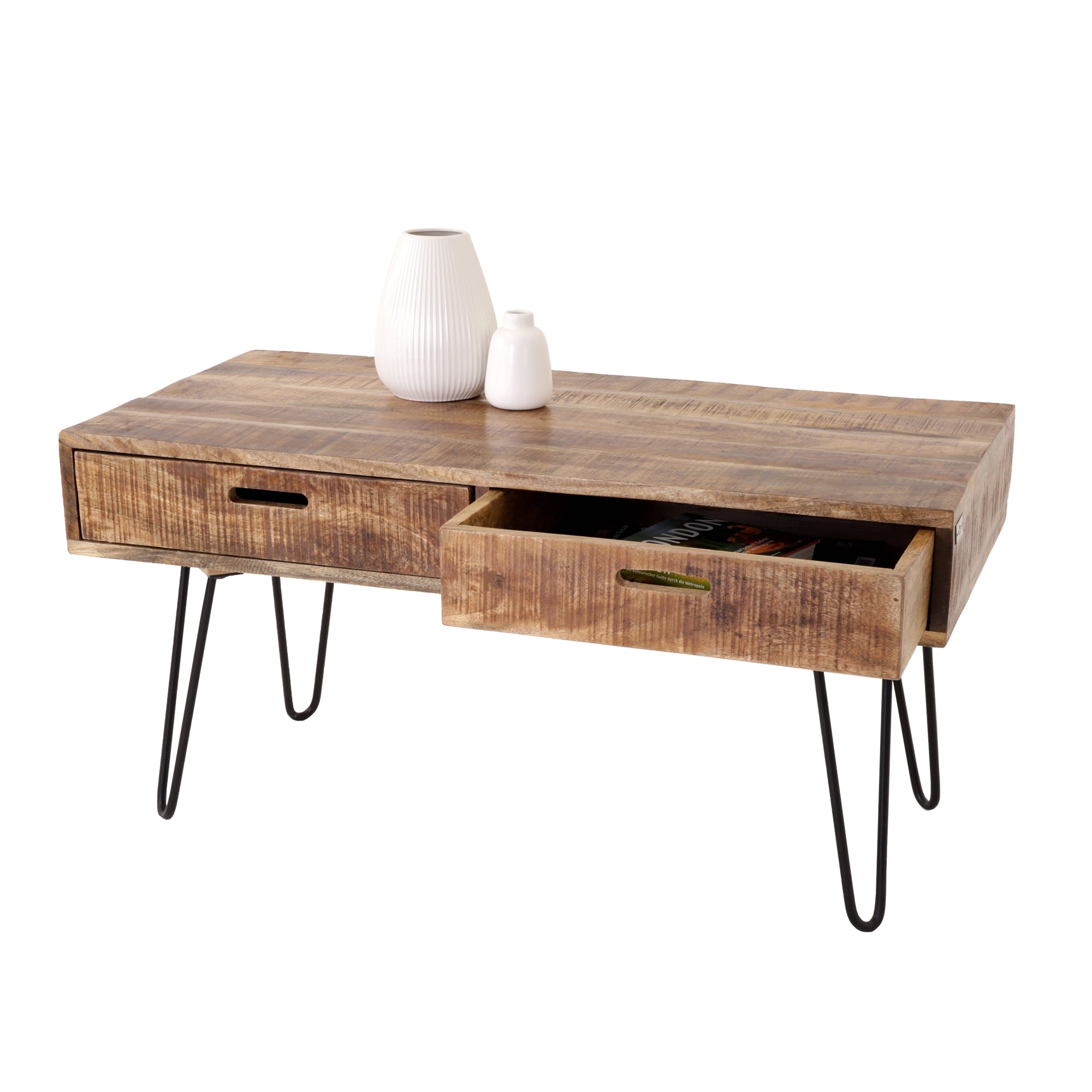 Wooden table with one open and one closed drawer.