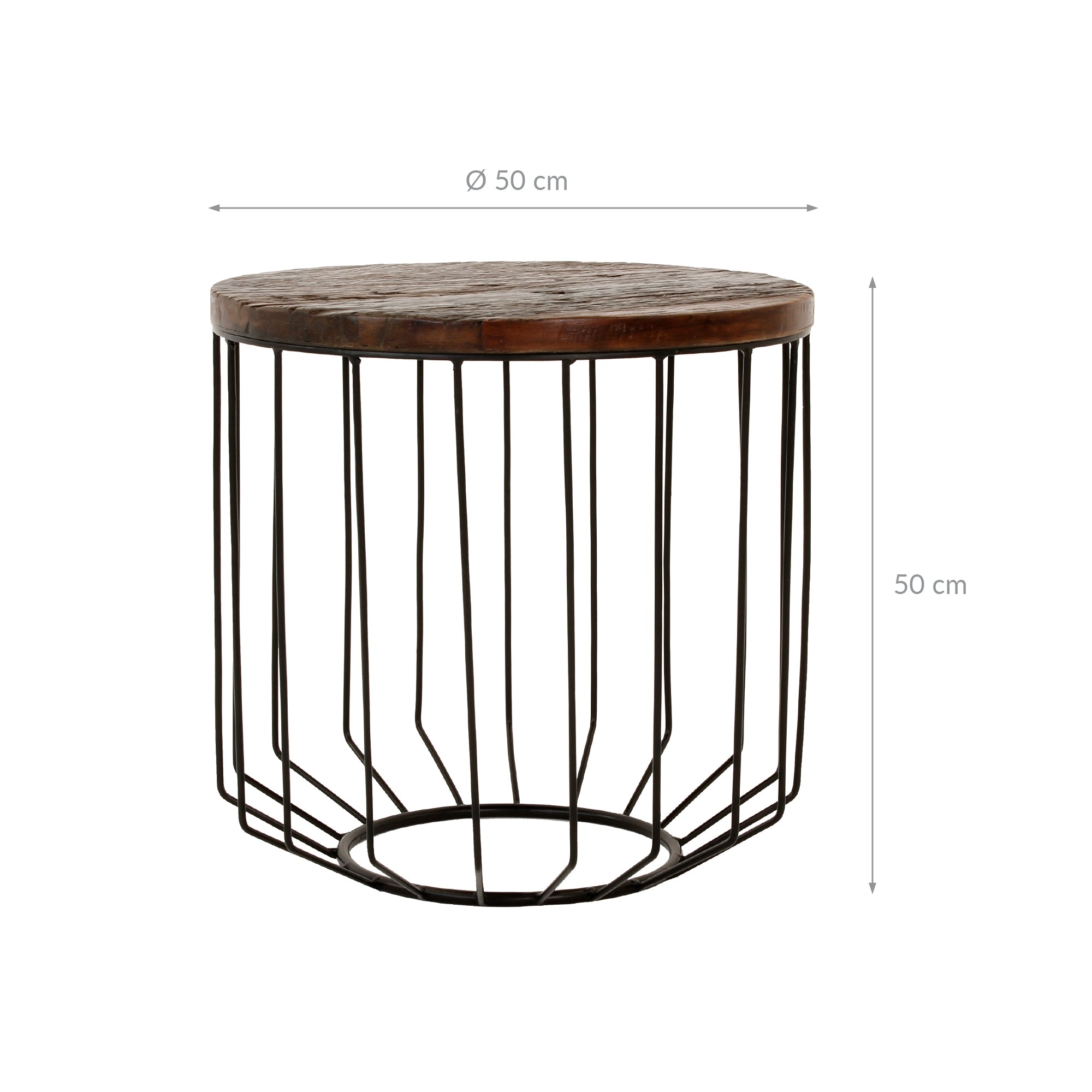 Table ronde avec plateau en bois et structure en métal noir, diamètre 50 cm, hauteur 50 cm.