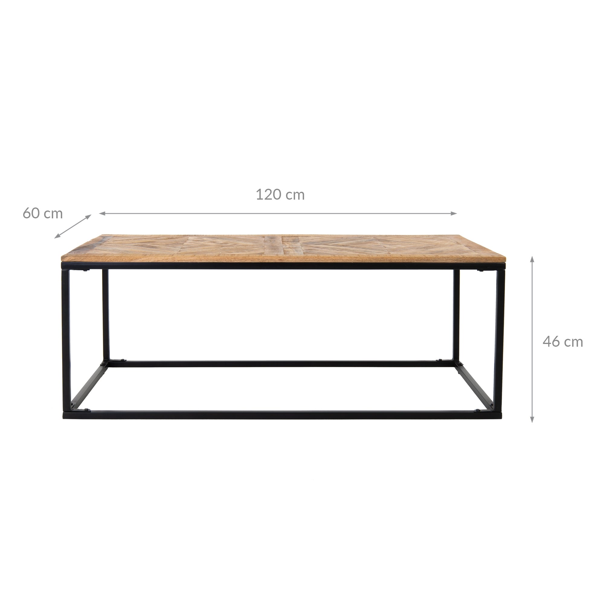 Rectangular table with a wooden top, dimensions: 120 cm x 60 cm x 46 cm.