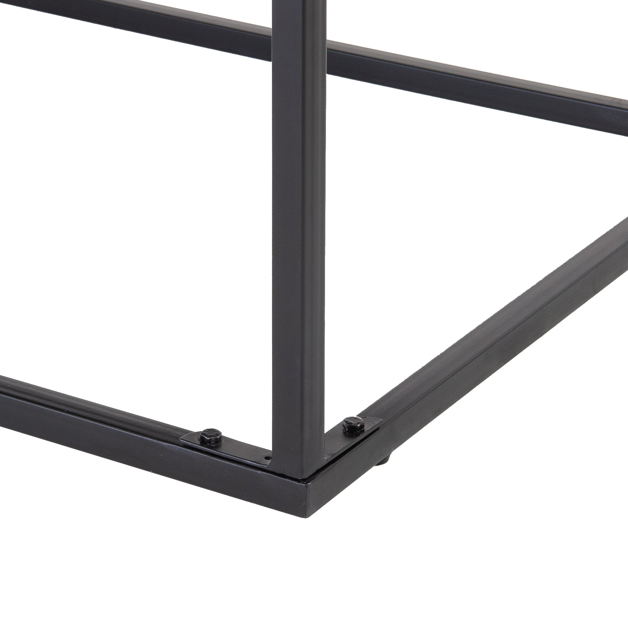 Detailansicht des Tischgestells aus schwarzem Metall.