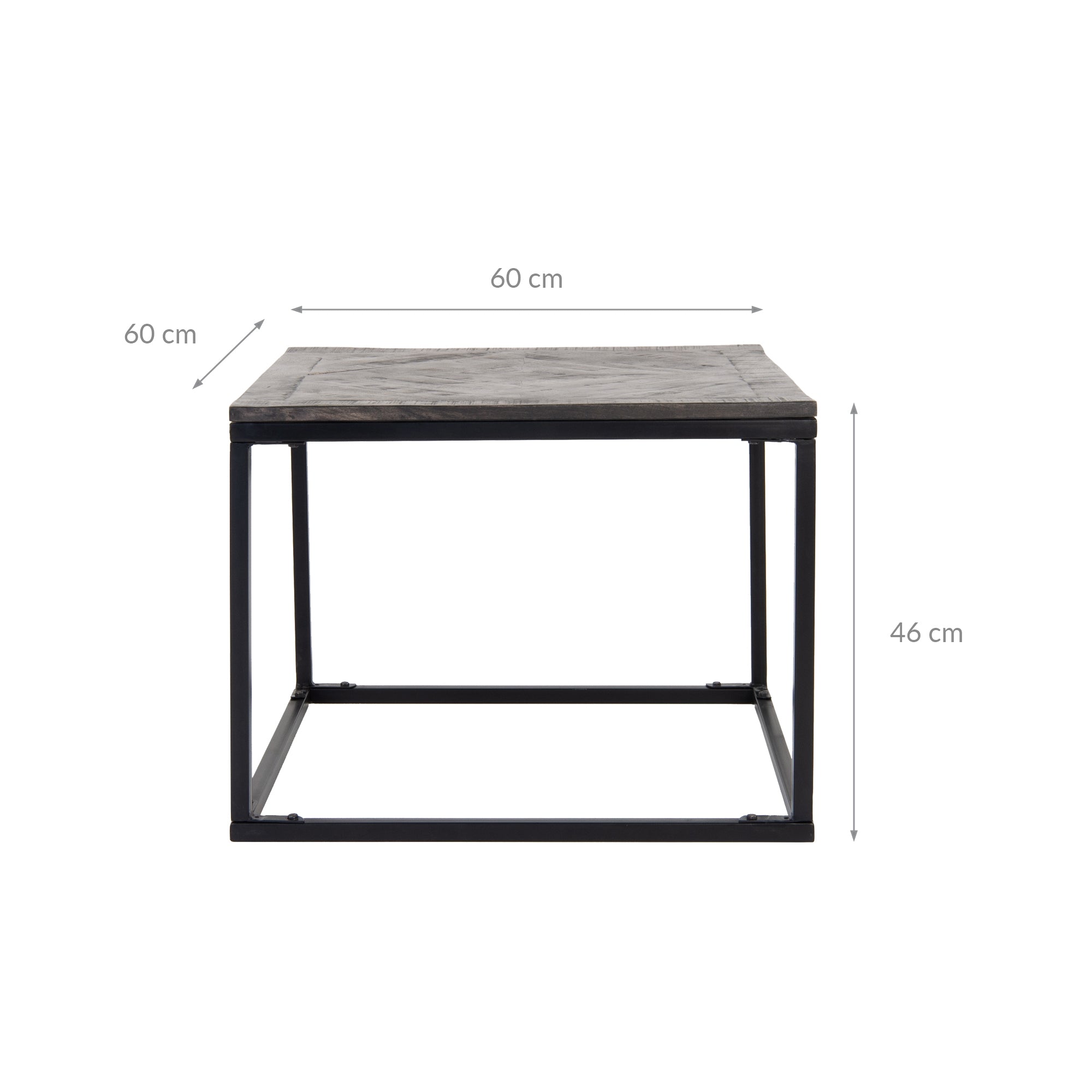 Schwarzer Tisch mit Holzplatte, Maße: 60 cm x 60 cm x 46 cm.