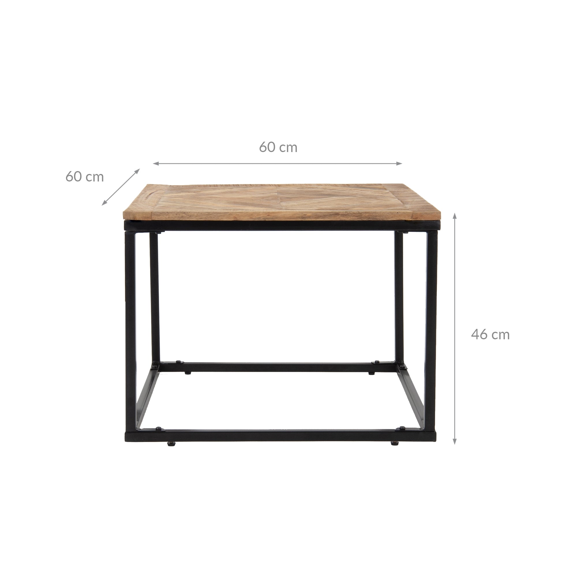 Vierkante tafel met houten blad en metalen onderstel, afmetingen 60 cm x 60 cm x 46 cm.