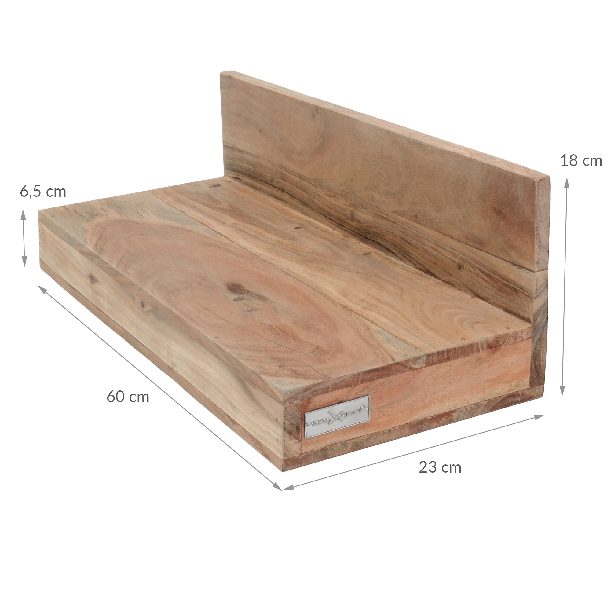 Holzregal mit Maßen: 60 cm x 23 cm x 18 cm, 6,5 cm hoch.