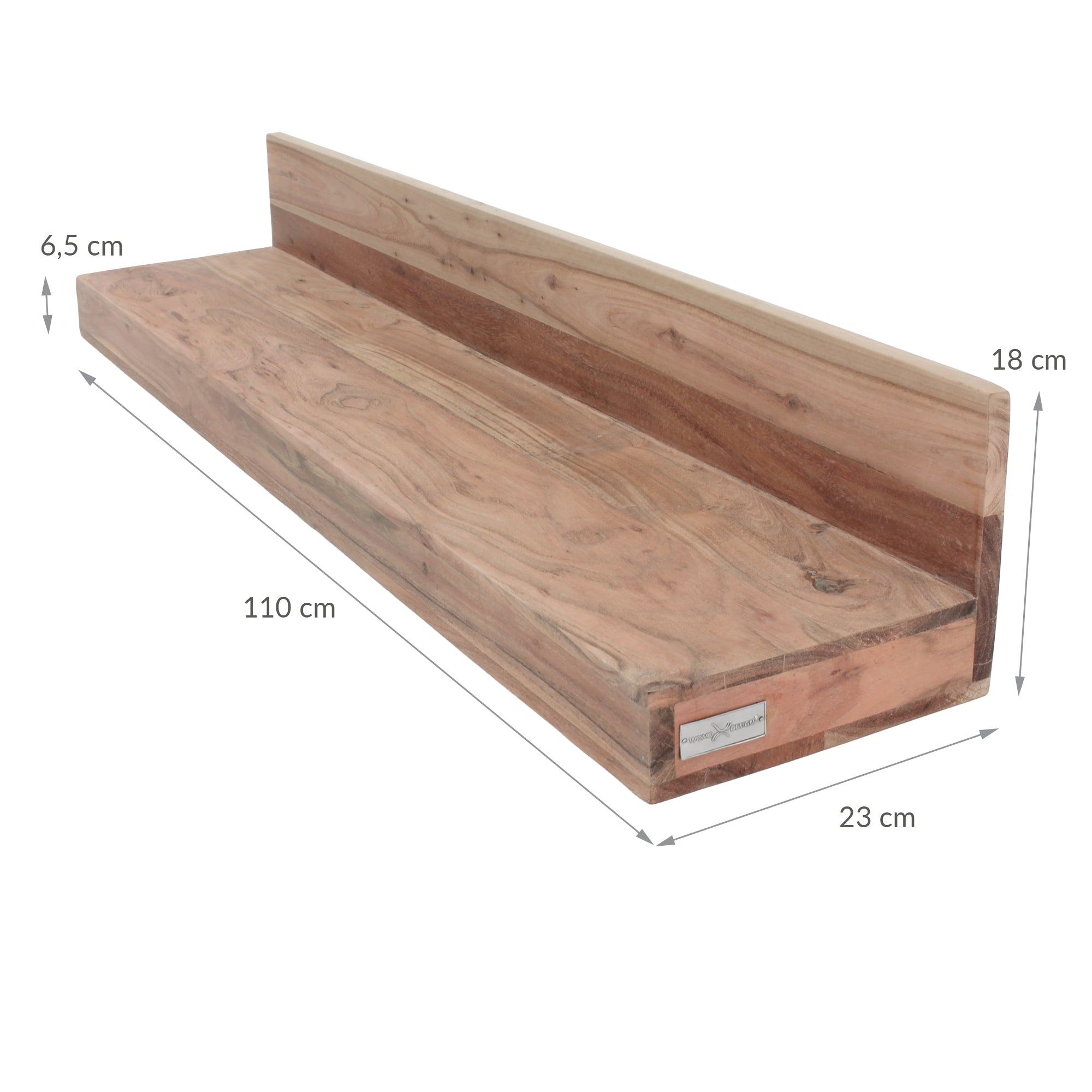Holzregal mit einer Höhe von 18 cm und einer Breite von 110 cm.