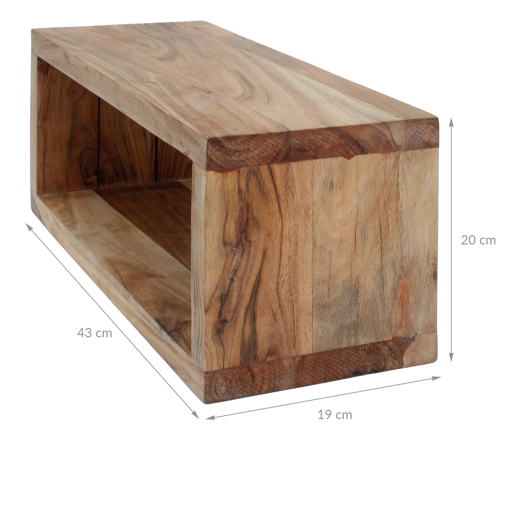 Holzregal mit einer offenen Ablage, Maße: 43 cm x 19 cm x 20 cm.