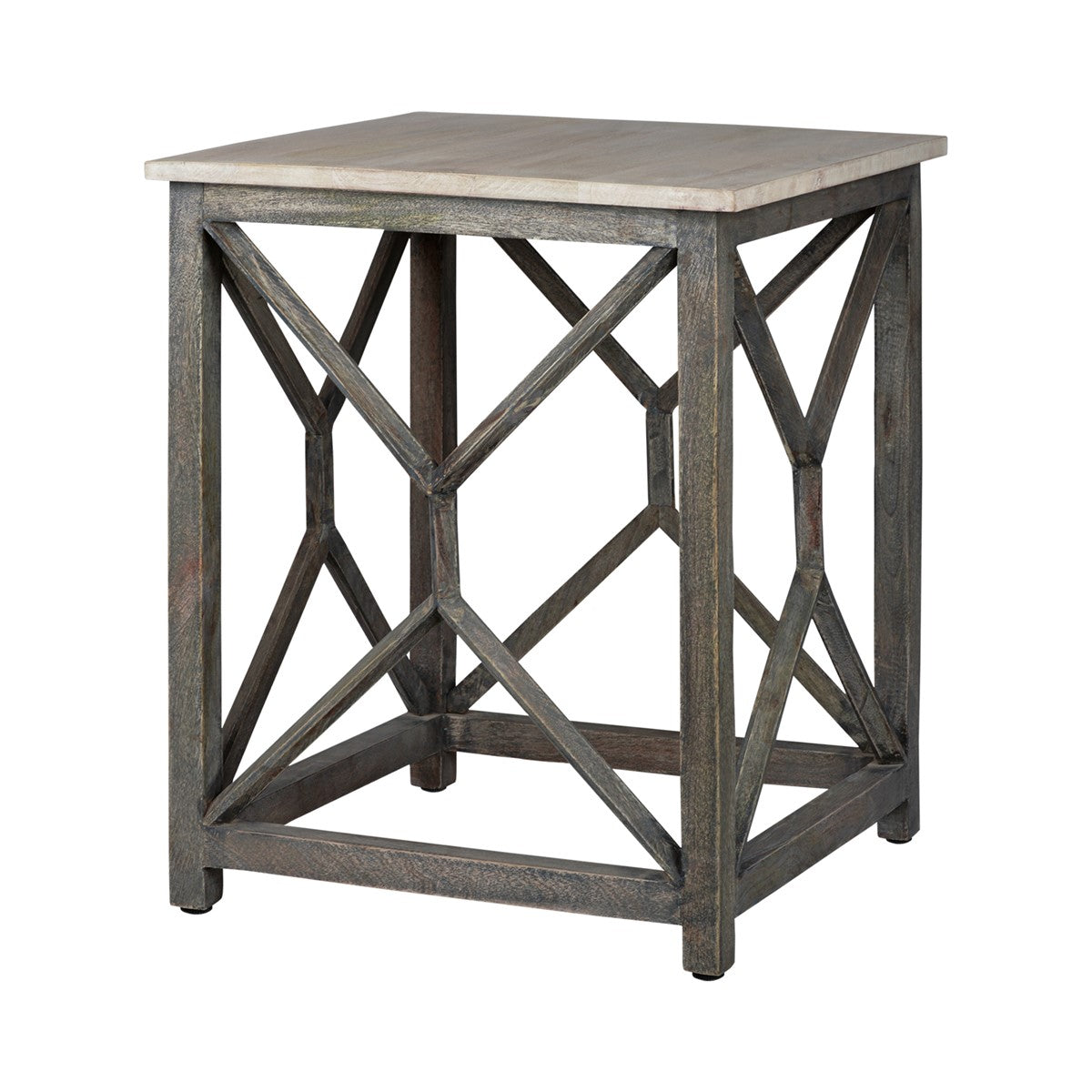Ein quadratischer Tisch mit einem Holzoberteil und einem geometrischen Metallgestell.