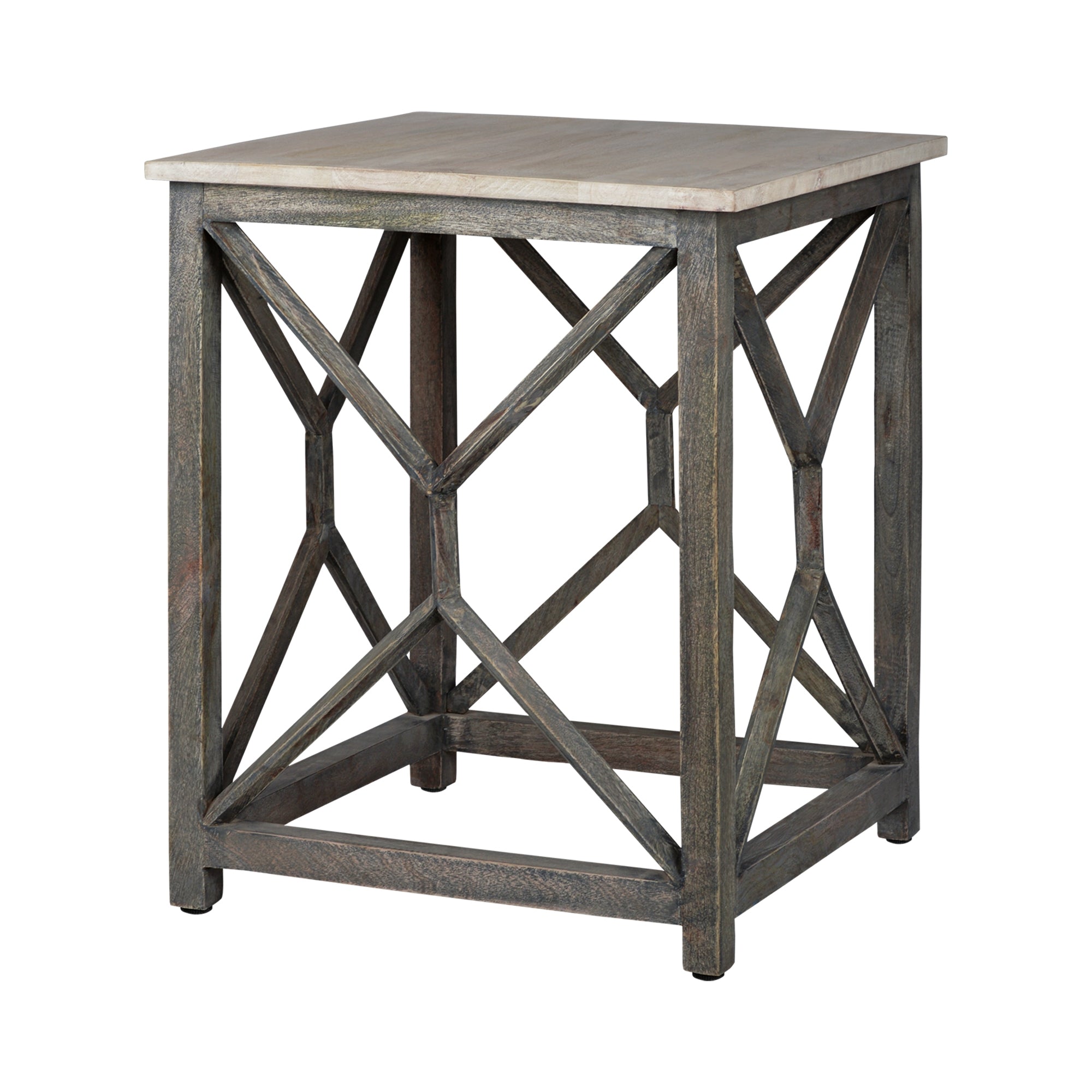 Ein quadratischer Tisch mit einem Holzoberteil und einem geometrischen Metallgestell.
