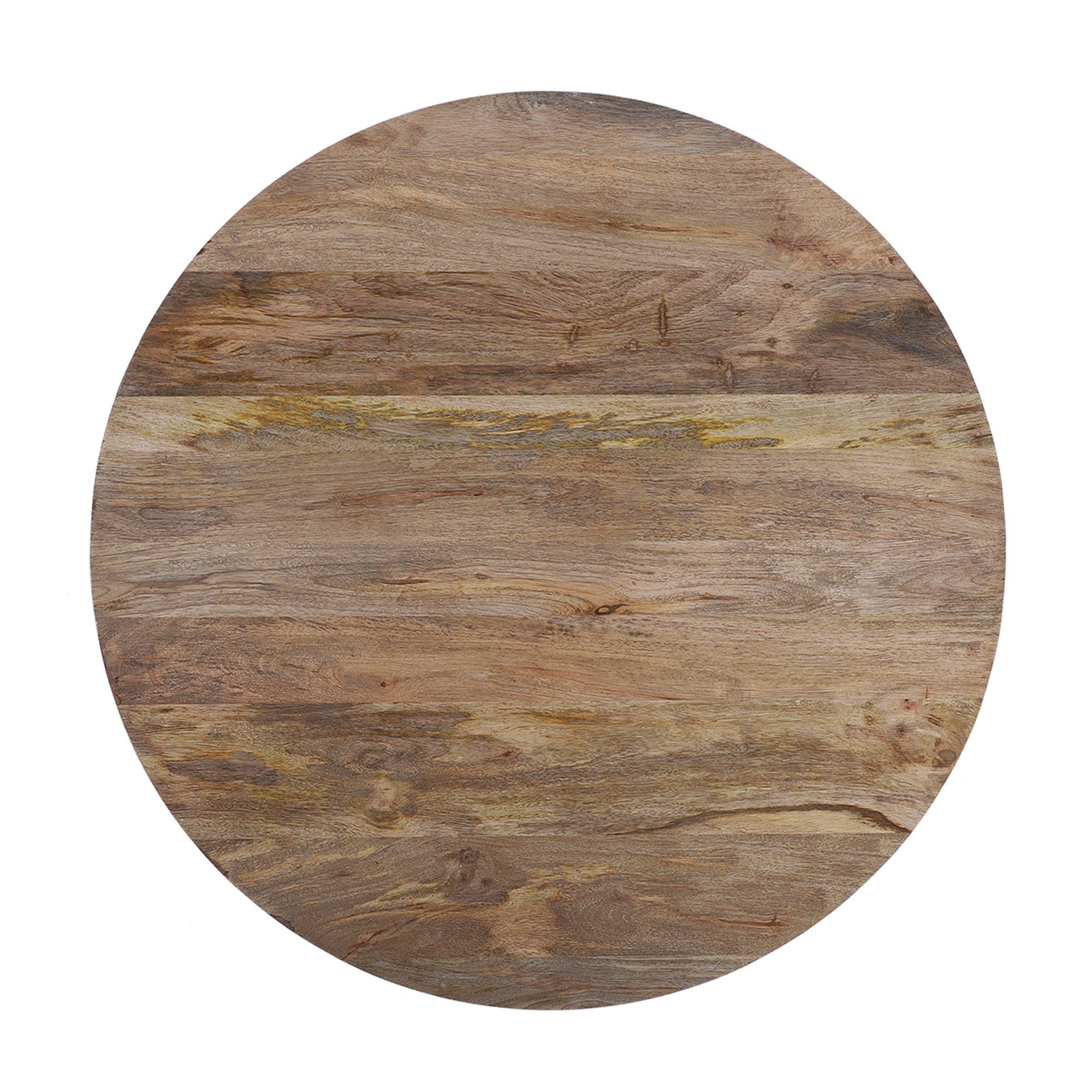 Runder Holztisch mit sichtbarer Holzmaserung.