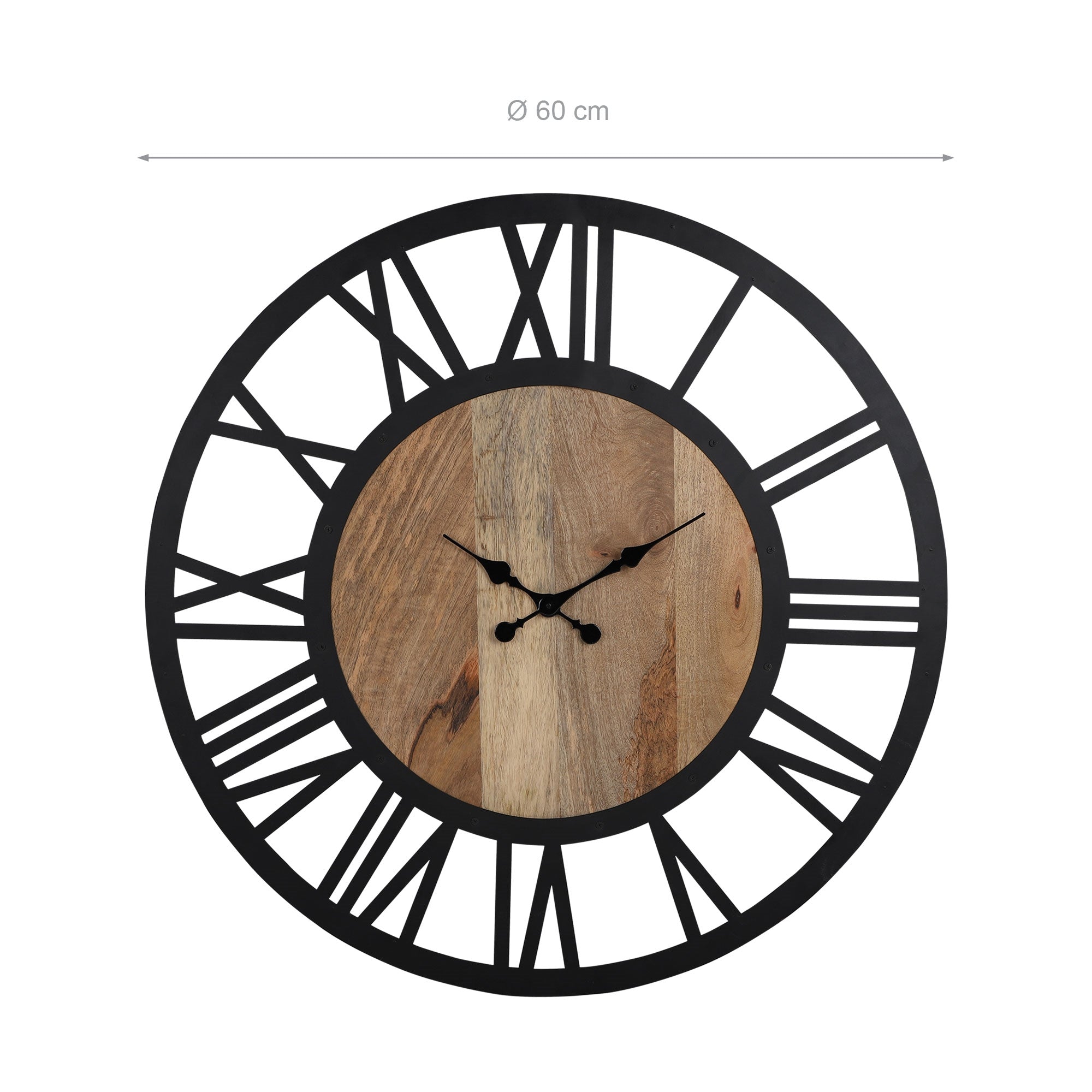 Uhr mit schwarzem Rahmen und römischen Ziffern auf Holz.