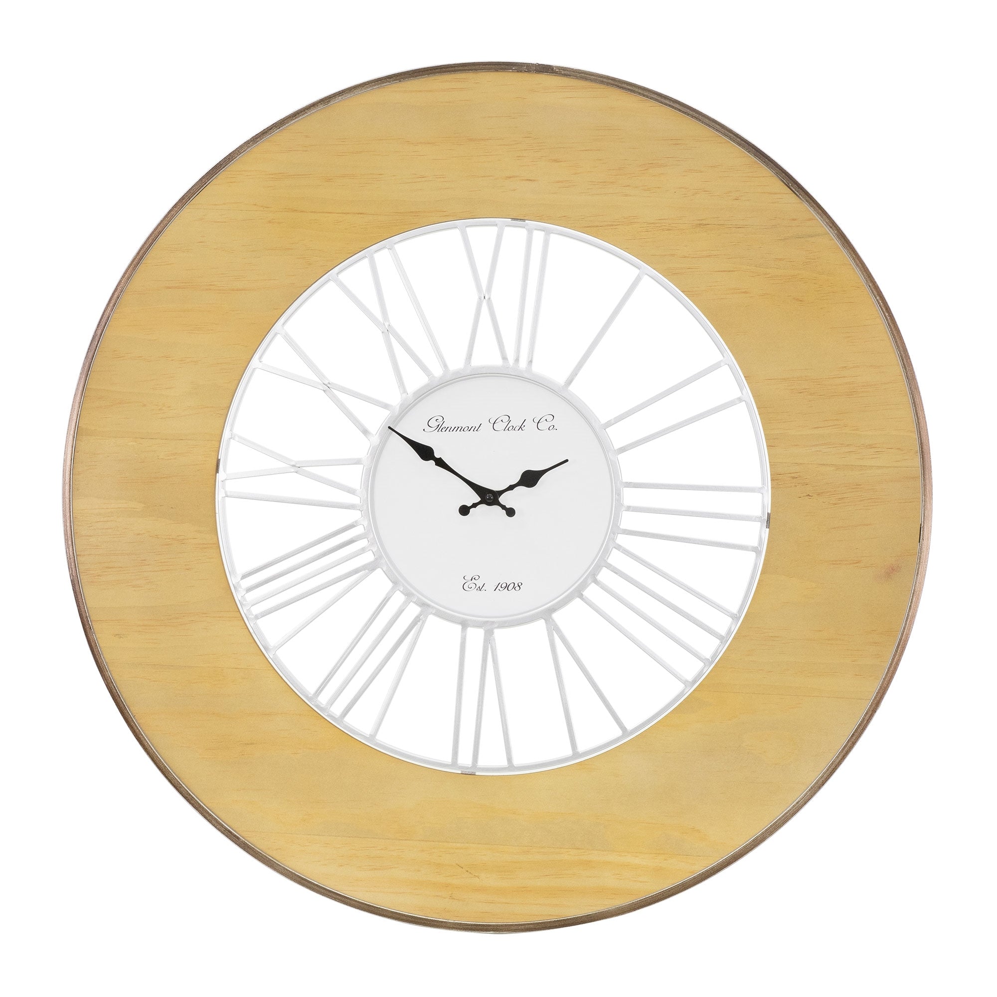 Runde Wanduhr mit hellem Holzrahmen und weißen Ziffern, klassisches Design.
