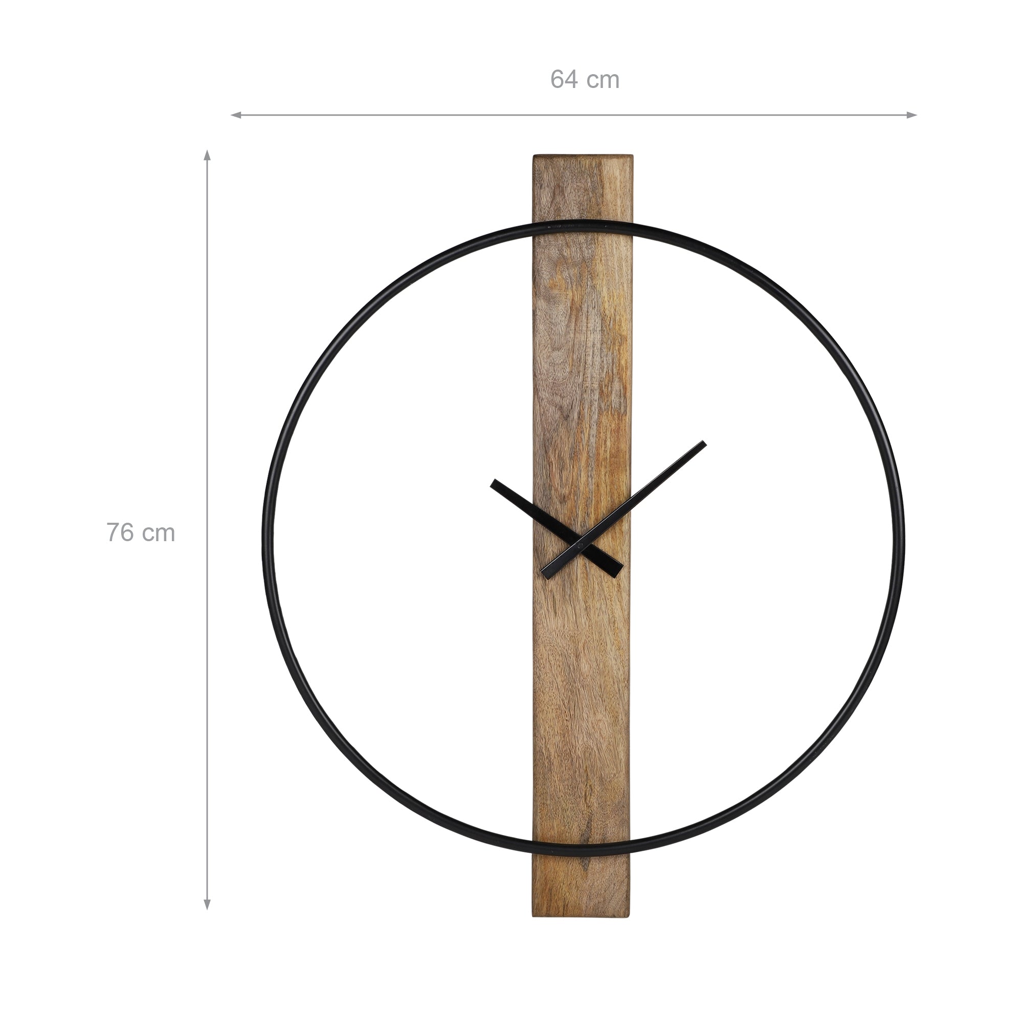 Orologio da parete con cornice in legno e metallo nero, diametro 64 cm, altezza 76 cm.