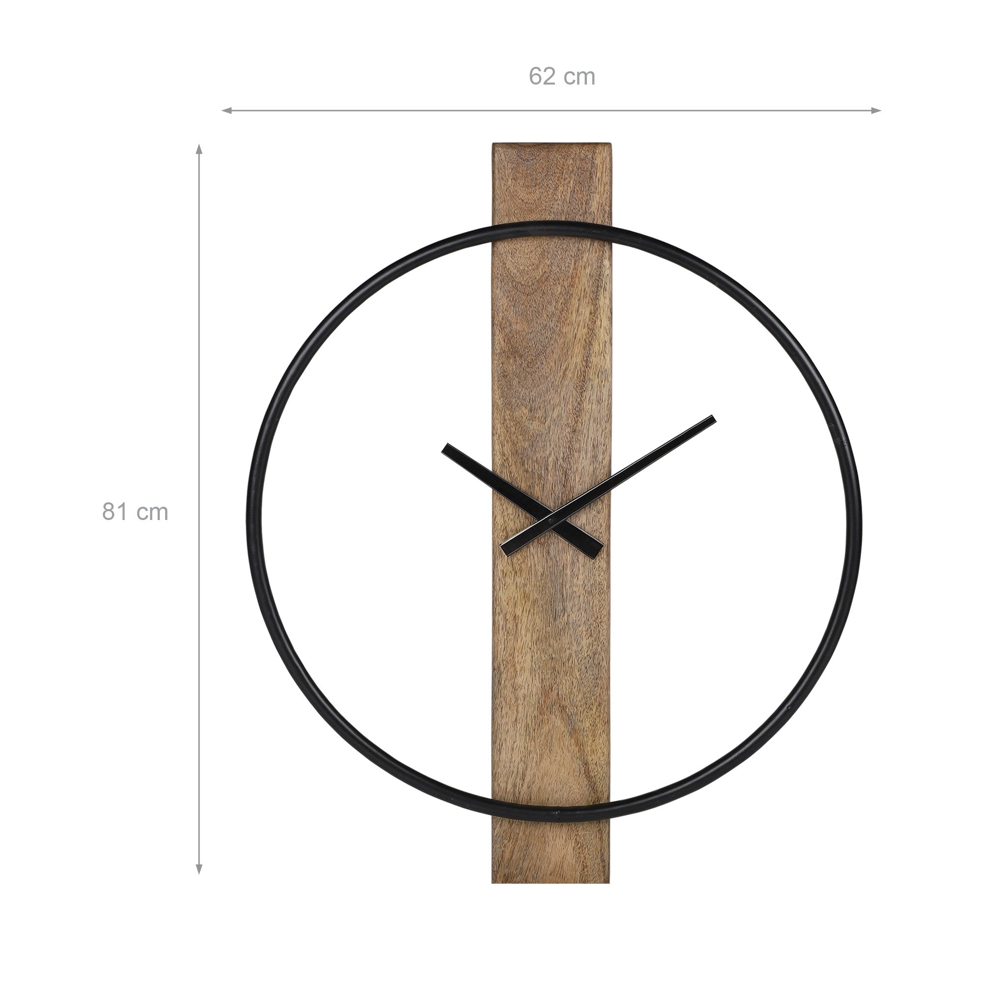 Wanduhr mit Holzrahmen und schwarzem Ziffernblatt.