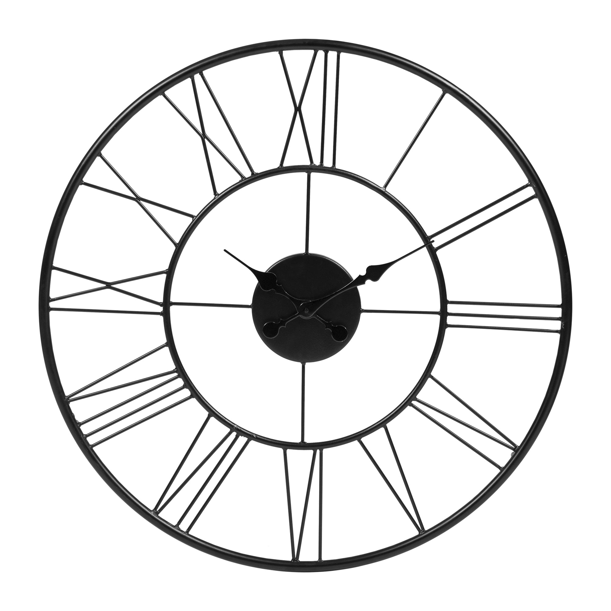 Grande orologio da parete con cornice nera e numeri romani.