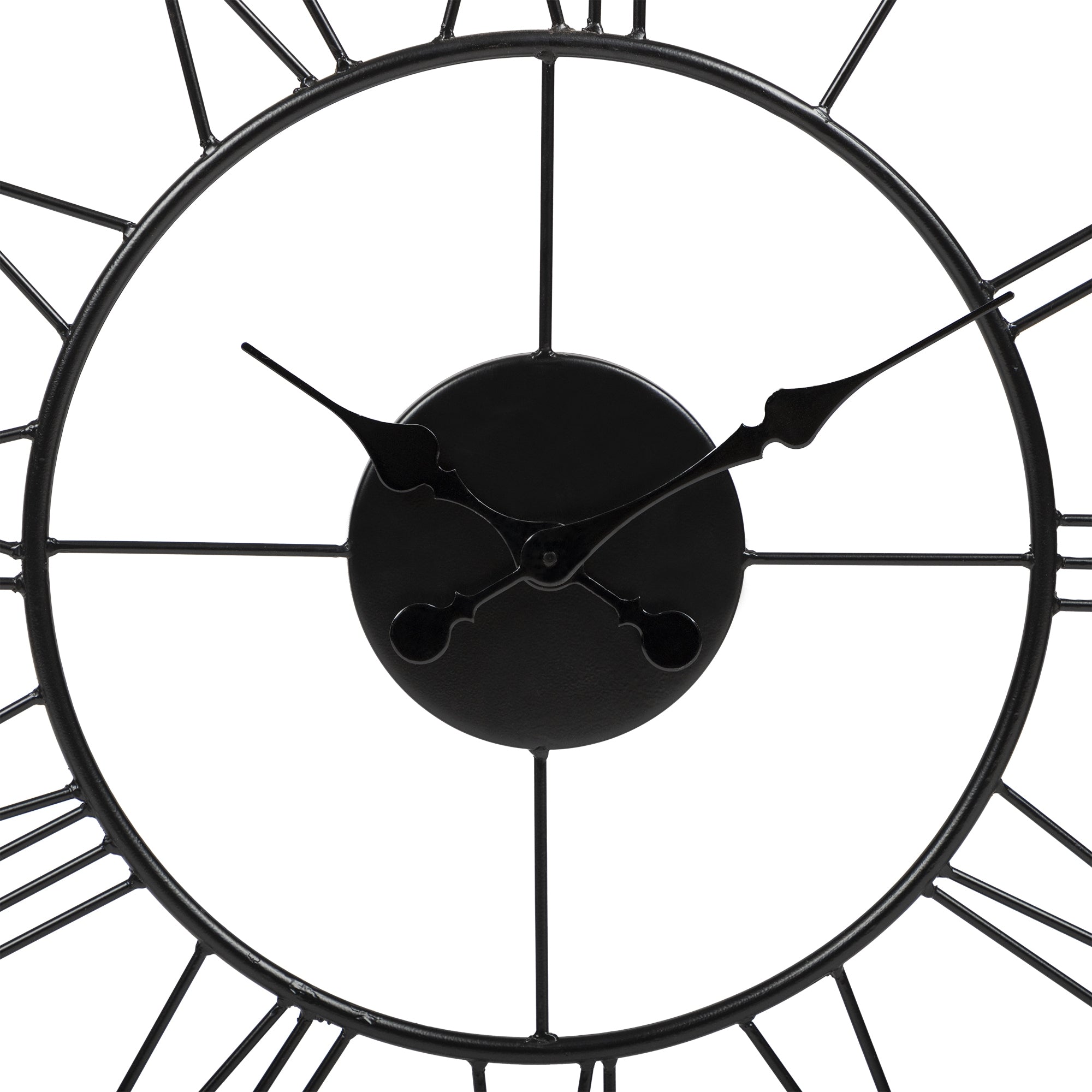 Orologio da parete con quadrante nero e lancette nere su sfondo bianco.