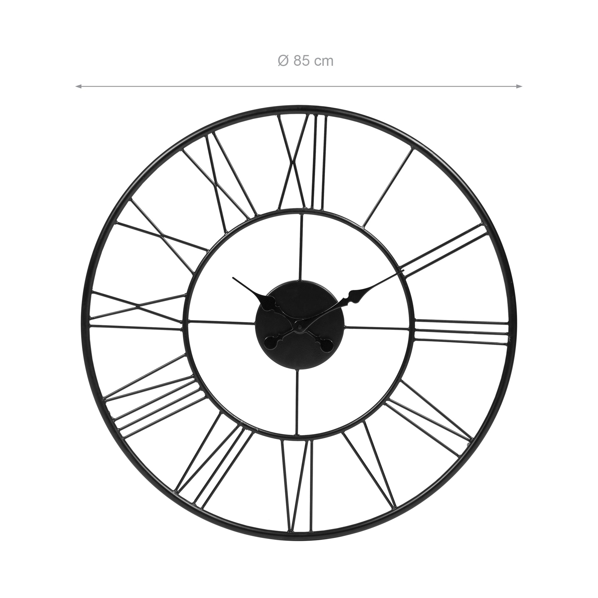 Orologio da parete bianco e nero con misura di 85 cm di diametro.