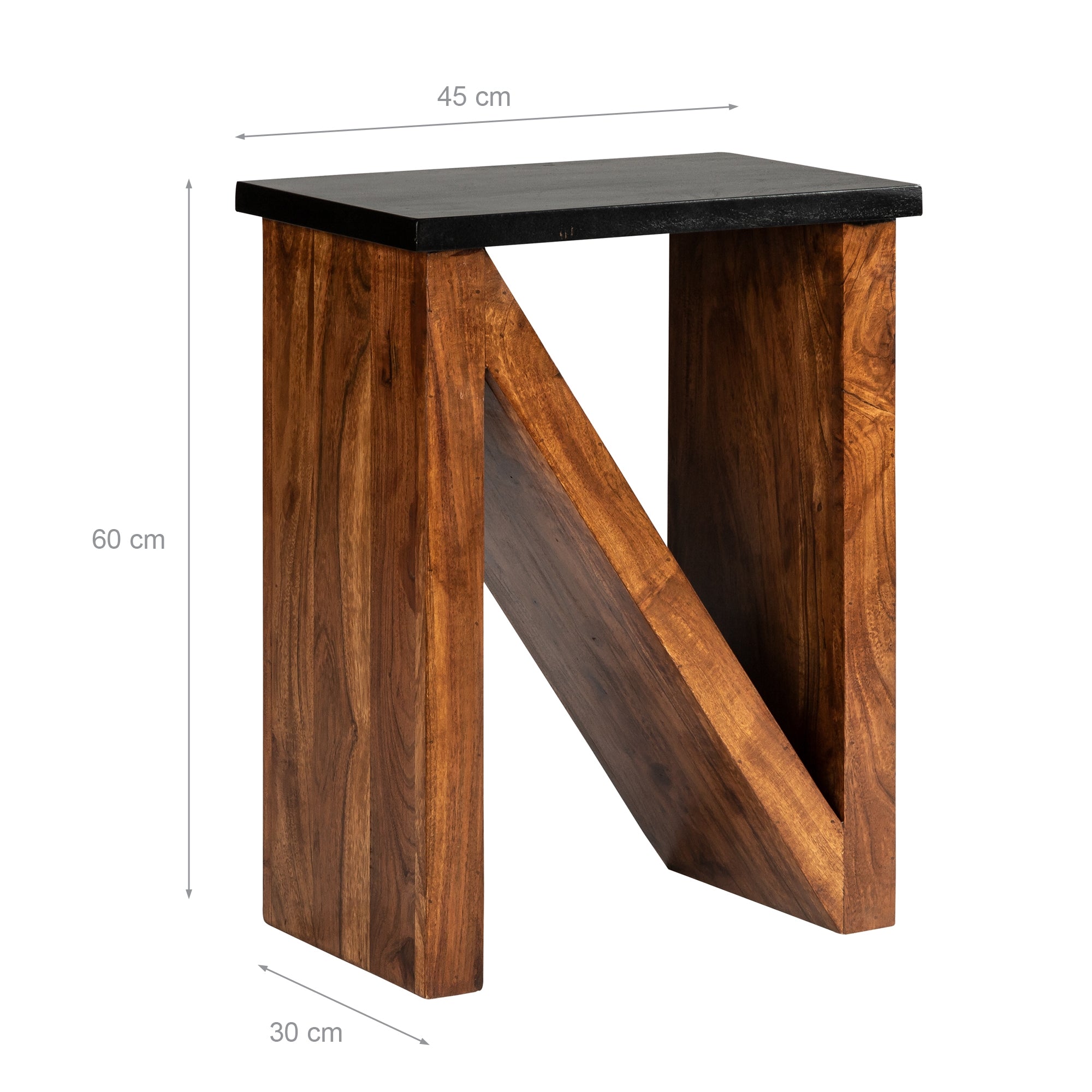 Wooden table with an N-shaped frame, 45 cm wide, 60 cm high.