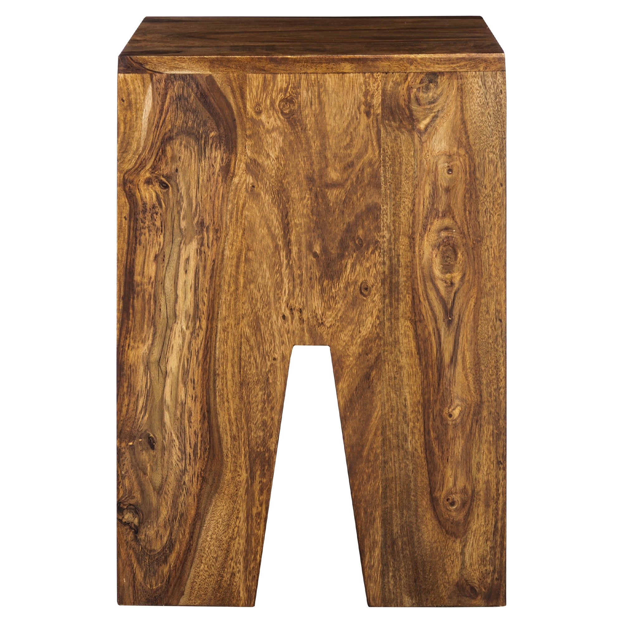 Holzstuhl mit quadratischer Sitzfläche, Sicht auf die Vorderseite.