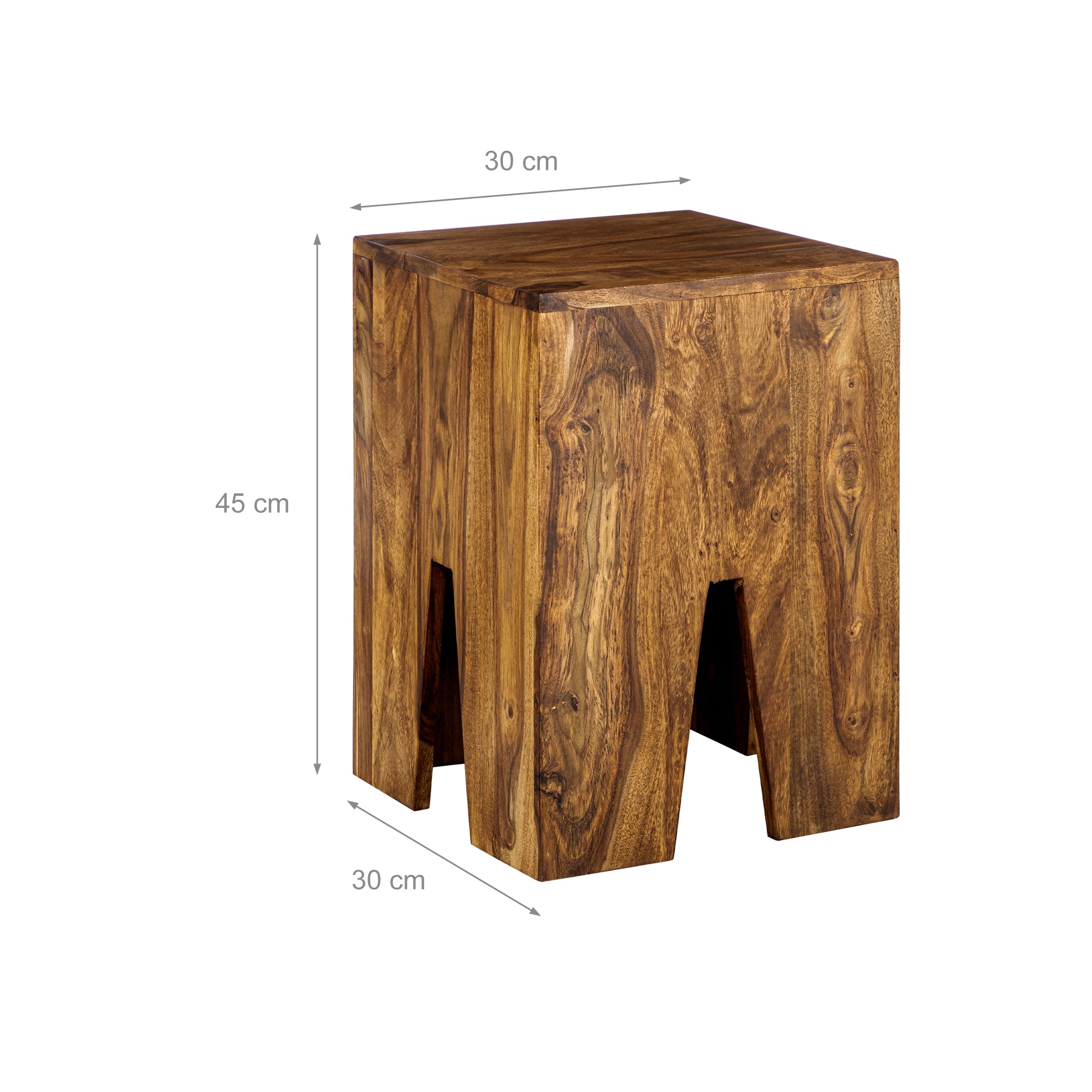 Holzstuhl mit den Maßen 30 cm x 30 cm x 45 cm.